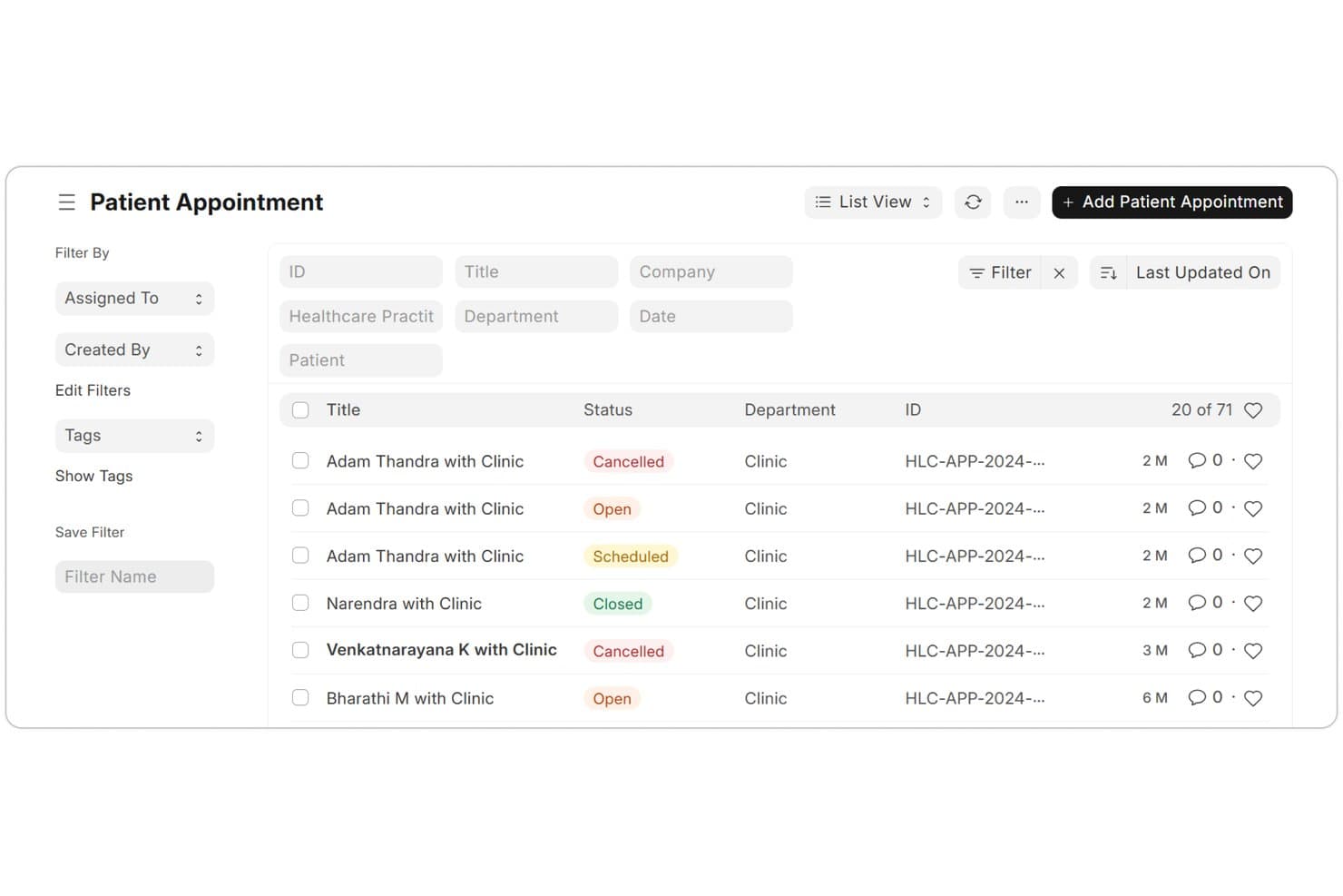 Liste des rendez-vous des patients dans ERPNext affichant des statuts tels que Annulé, Ouvert, Planifié et Clôturé, avec des colonnes pour le service et l’identifiant.