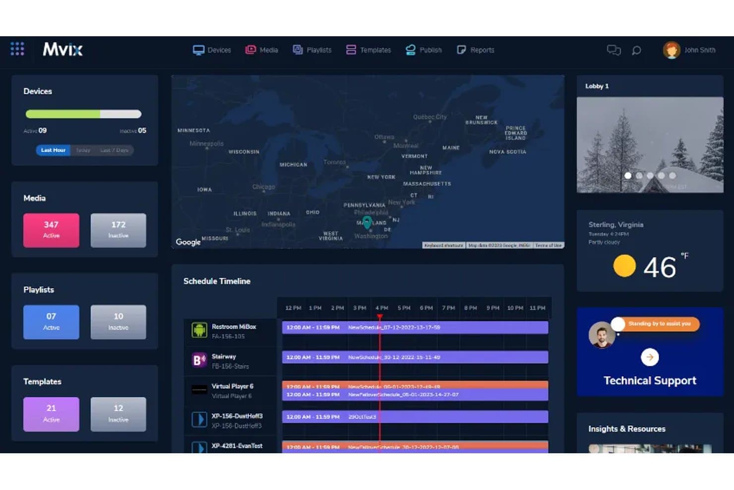Tableau de bord d’affichage numérique Mvix montrant l’état des appareils, la chronologie de programmation et la vue cartographique