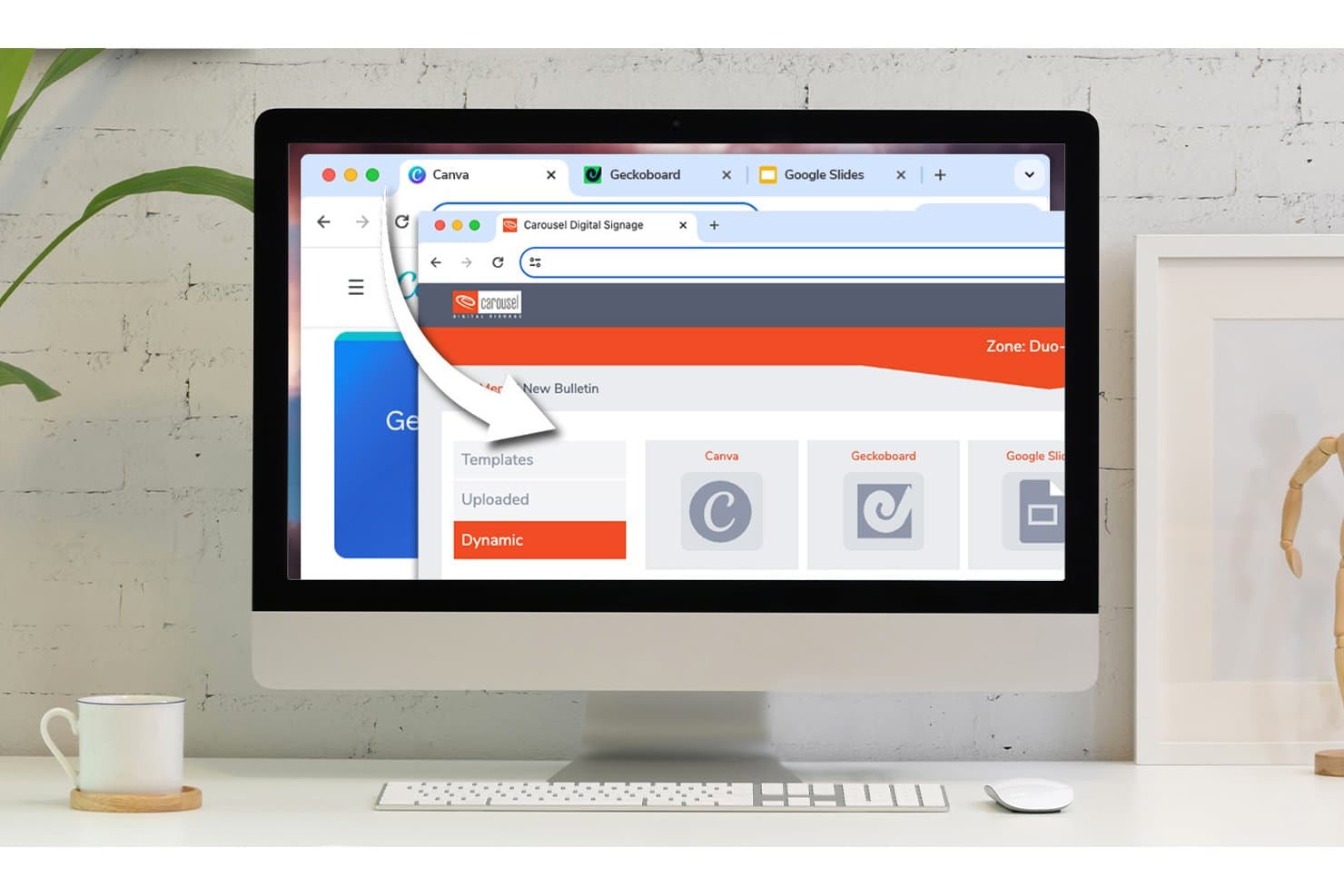 Koppelvlak van Carousel Digital Signage met opties voor dynamische inhoud, waaronder Canva, Geckoboard en Google Slides.
