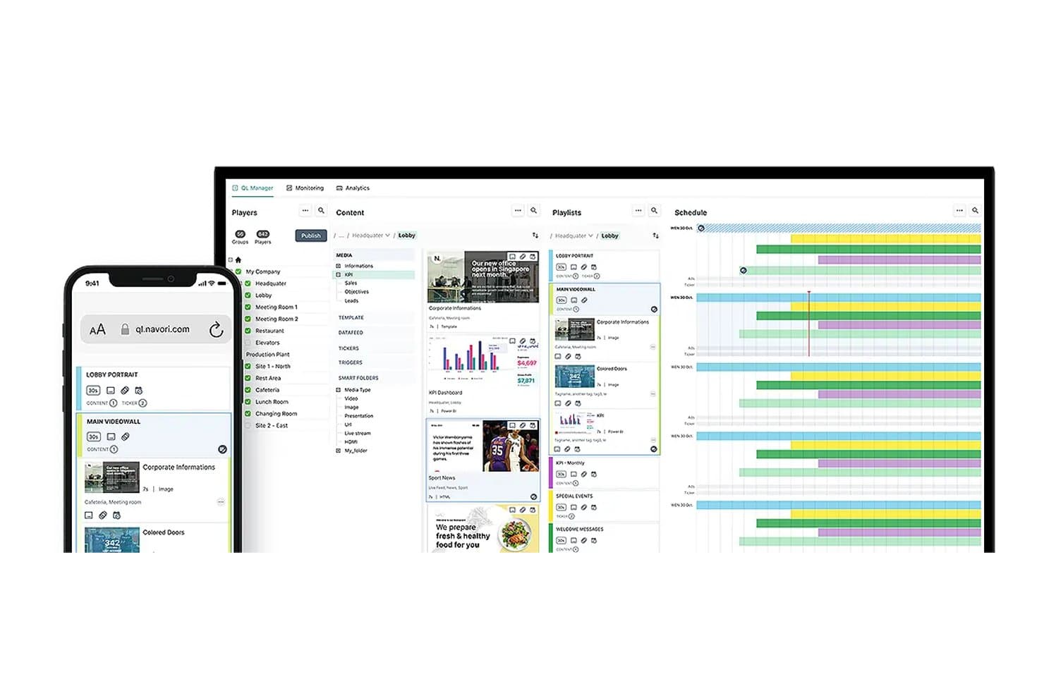 Tableau de bord du CMS Navori affichant les lecteurs, la bibliothèque de contenus, les listes de lecture et les panneaux de programmation sur ordinateur et mobile.