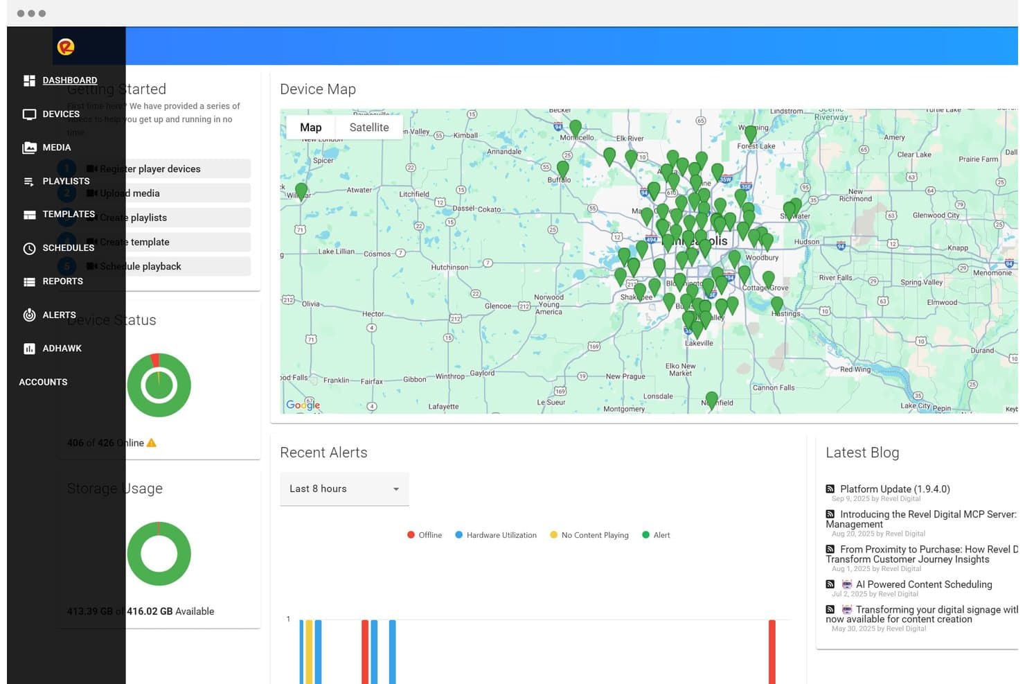 Tableau de bord de Revel Digital affichant la carte des appareils, le graphique en anneau de l’état des appareils et le panneau des alertes récentes.