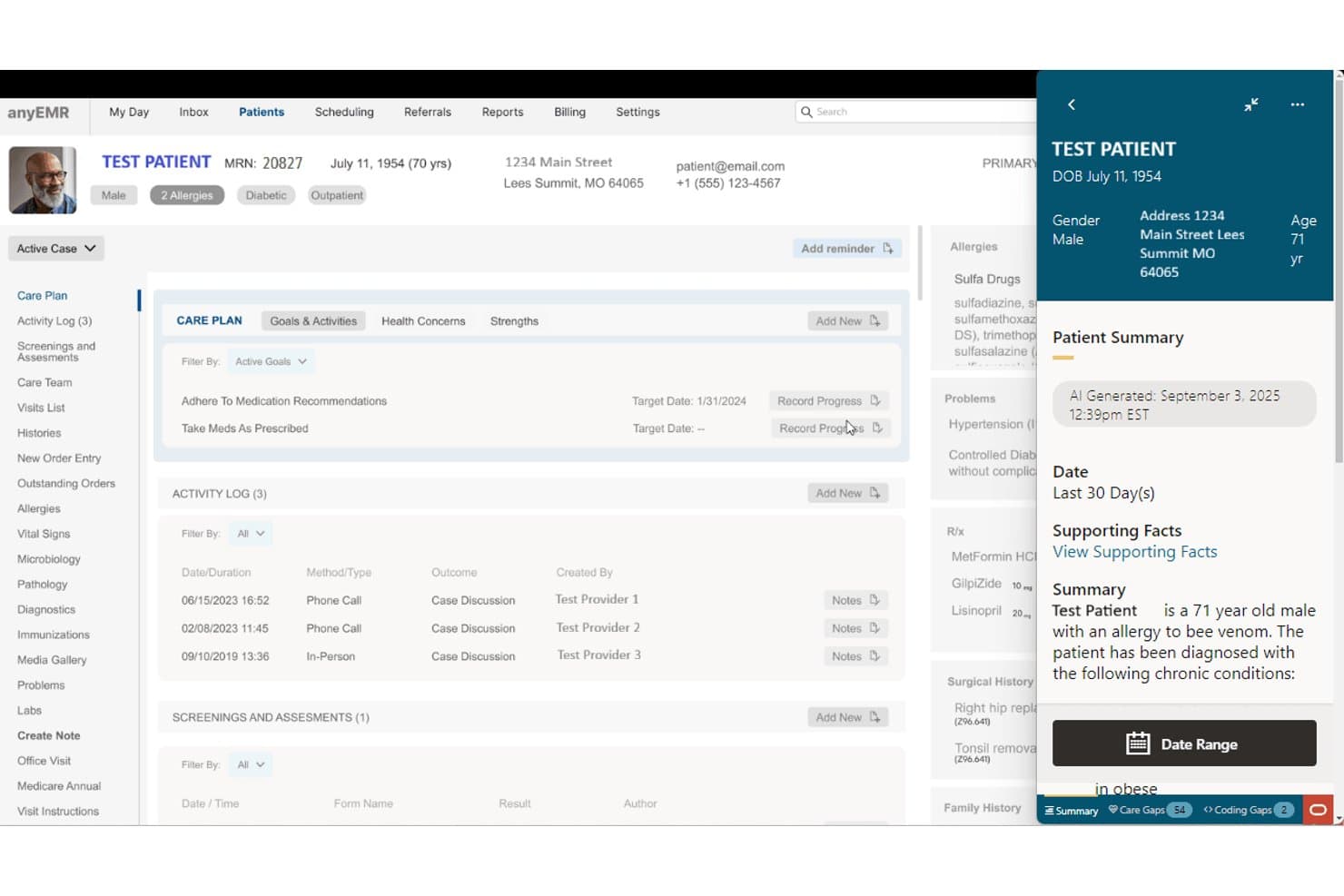 Graphique du patient Oracle Health EMR affichant un panneau de résumé généré par l’IA avec le plan de soins et le journal des activités