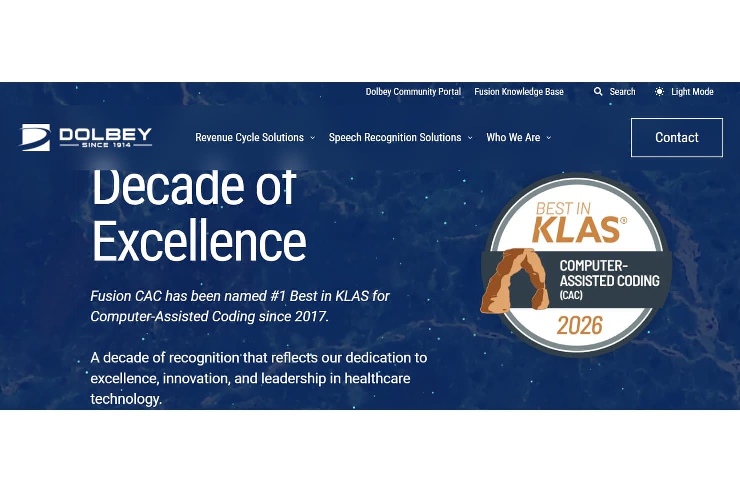 Site web de Dolbey mettant en avant Fusion CAC comme solution de codage assisté par ordinateur classée parmi les meilleures de KLAS en 2026