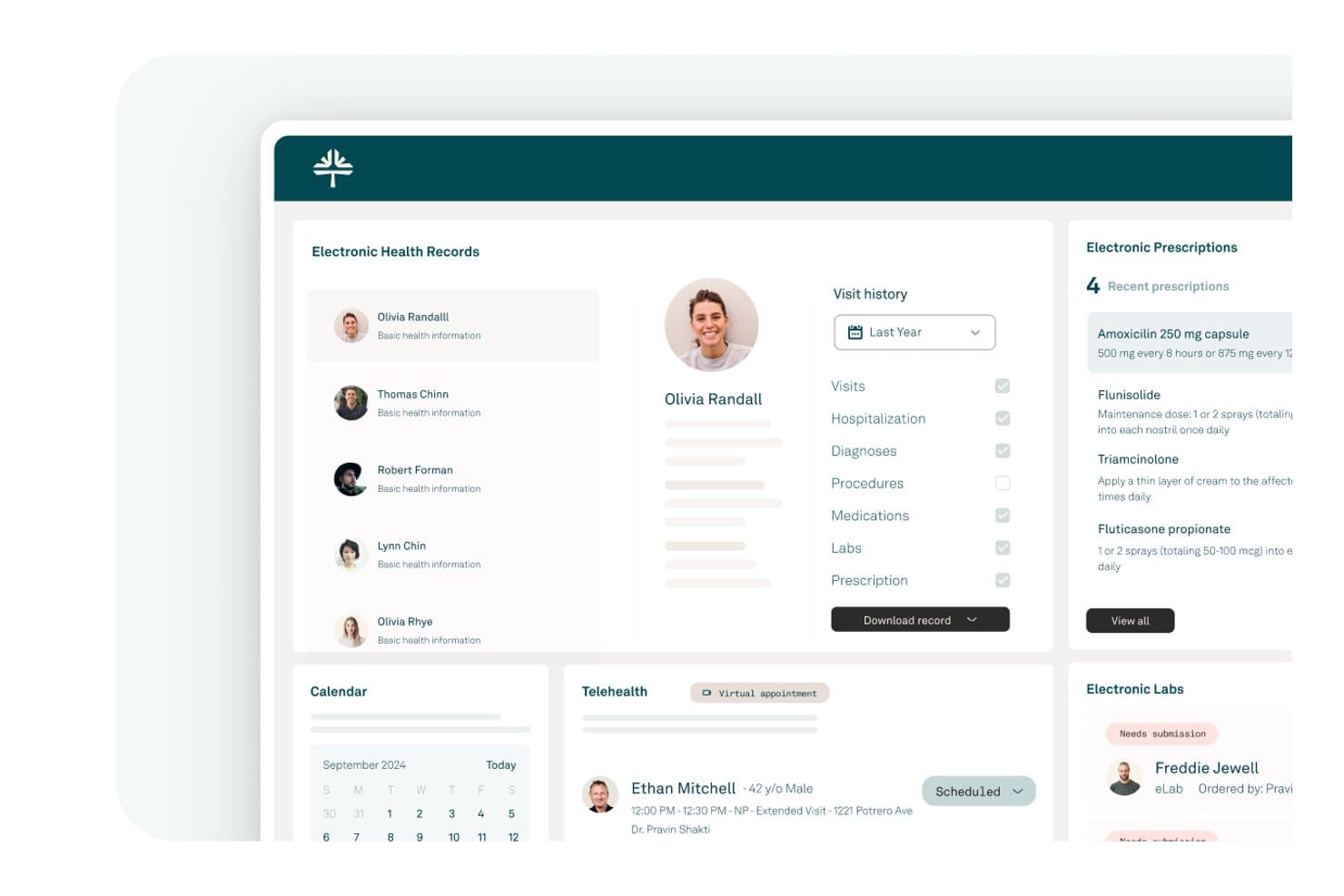 Tebra-EHR-Dashboard mit Patientenakten, Verschreibungen, Kalender und Telemedizin-Termin.