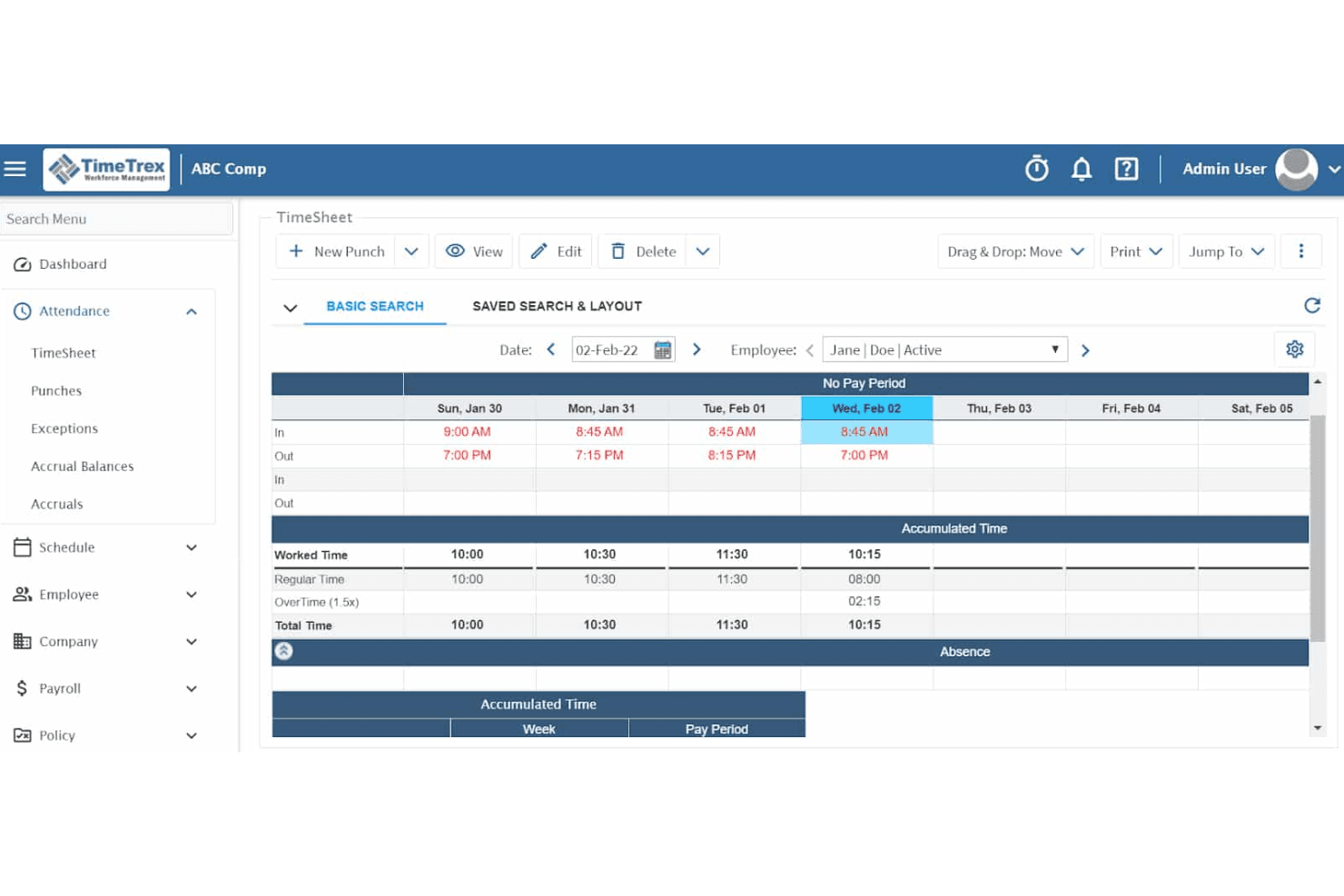 TimeTrex-urenstaatinterface met wekelijkse inkloktijden en het opgebouwde aantal uren voor Jane Doe