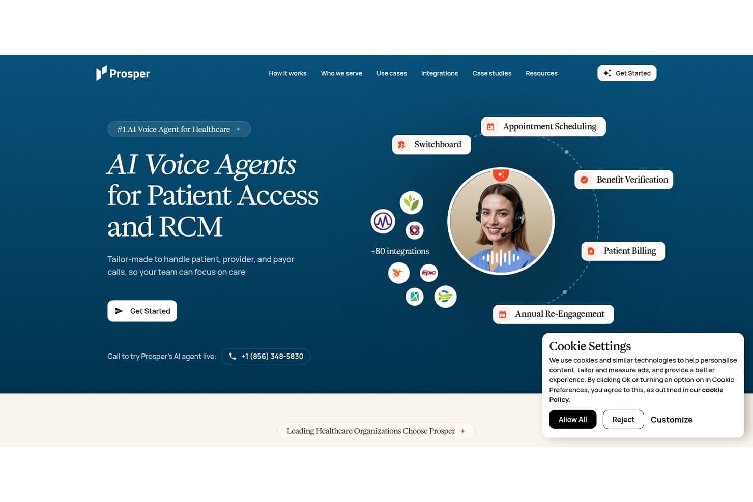 Page d’accueil de Prosper AI présentant des agents vocaux IA pour la plateforme de soins de santé dédiée à l’accès des patients et au RCM