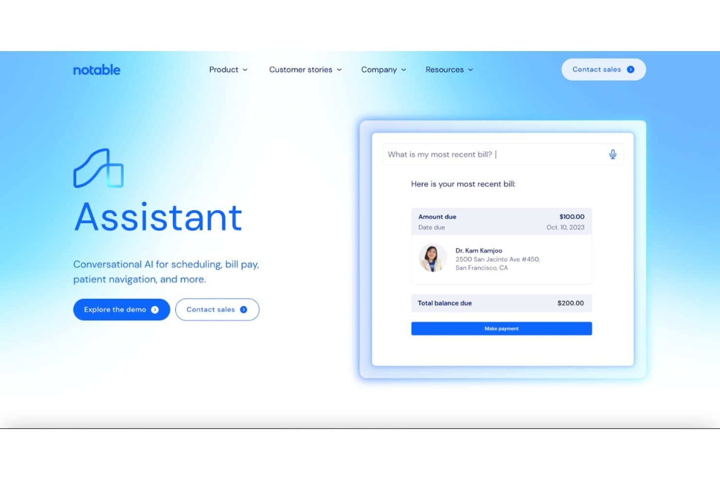 Notable Healths AI-assistentgränssnitt visar ett svar på en fakturafråga med betalningsuppgifter och en knapp.
