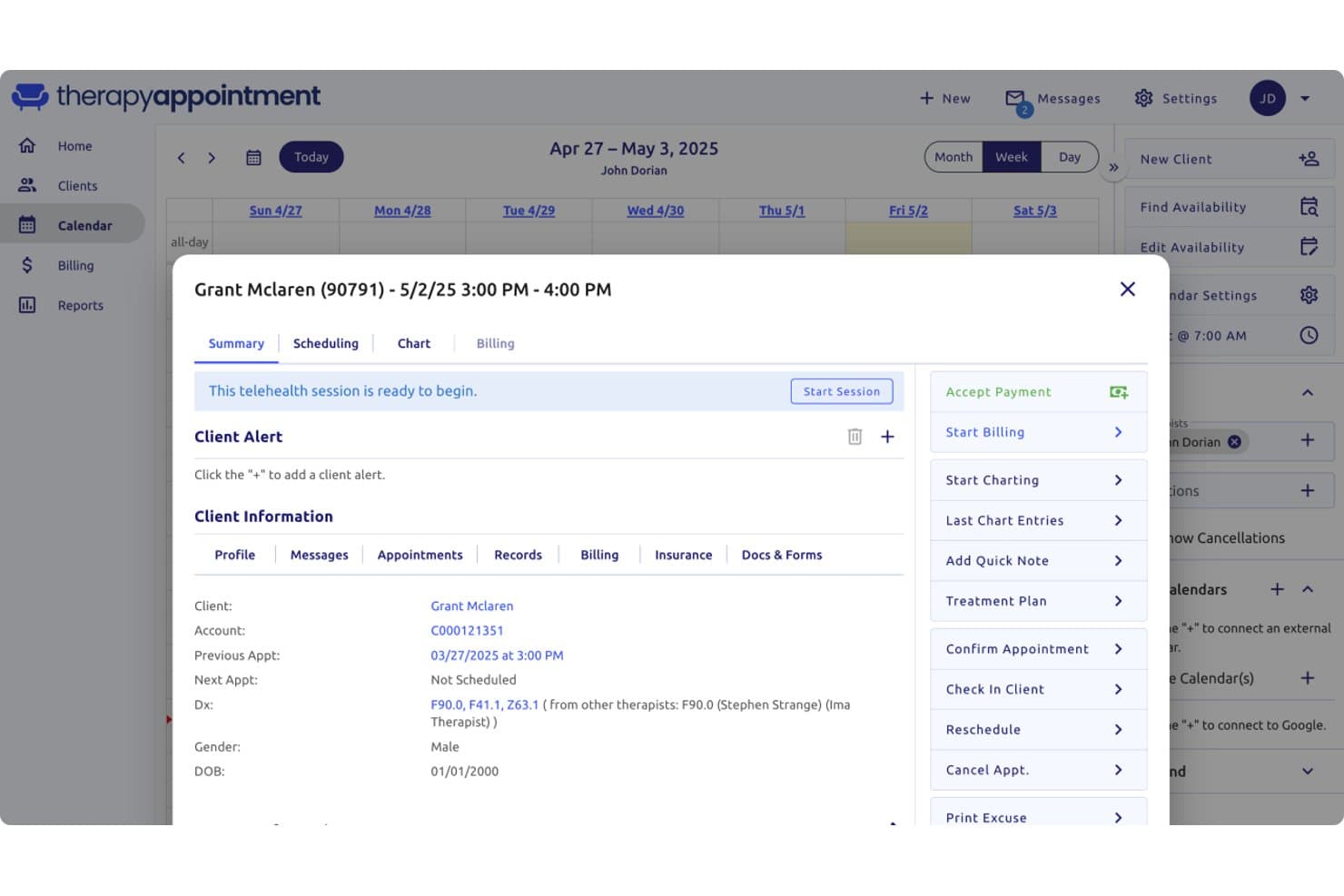 Ventana modal de cita del cliente de TherapyAppointment que muestra la sesión de telesalud, la información del cliente y las opciones de facturación.