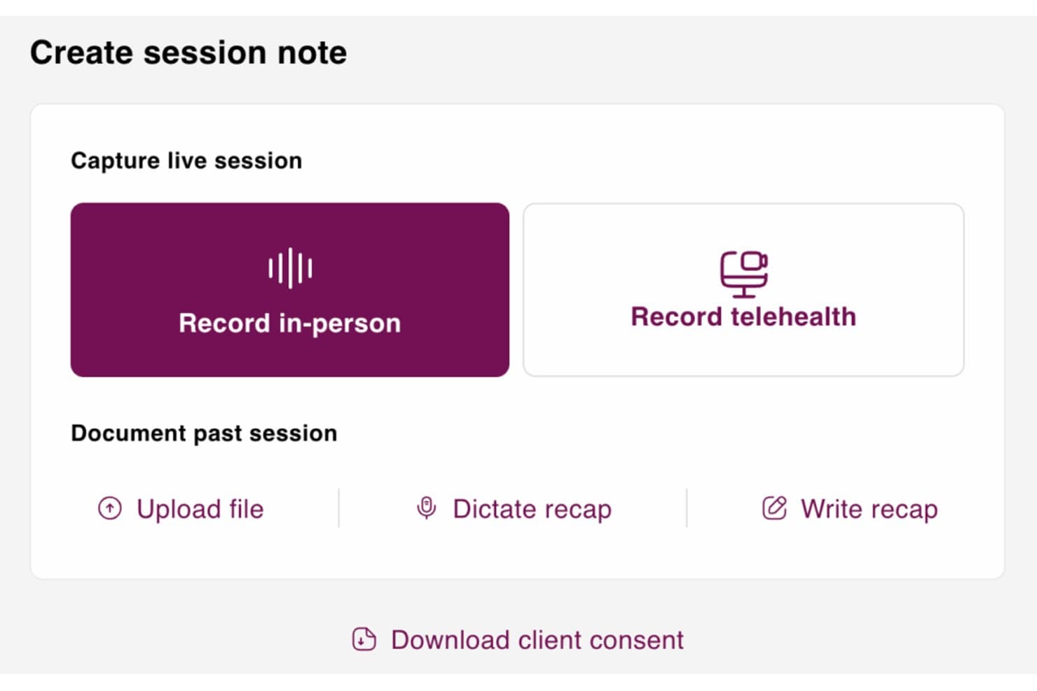 Pantalla Crear nota de sesión de Mentalyc con opciones de grabación presencial y de telesalud.
