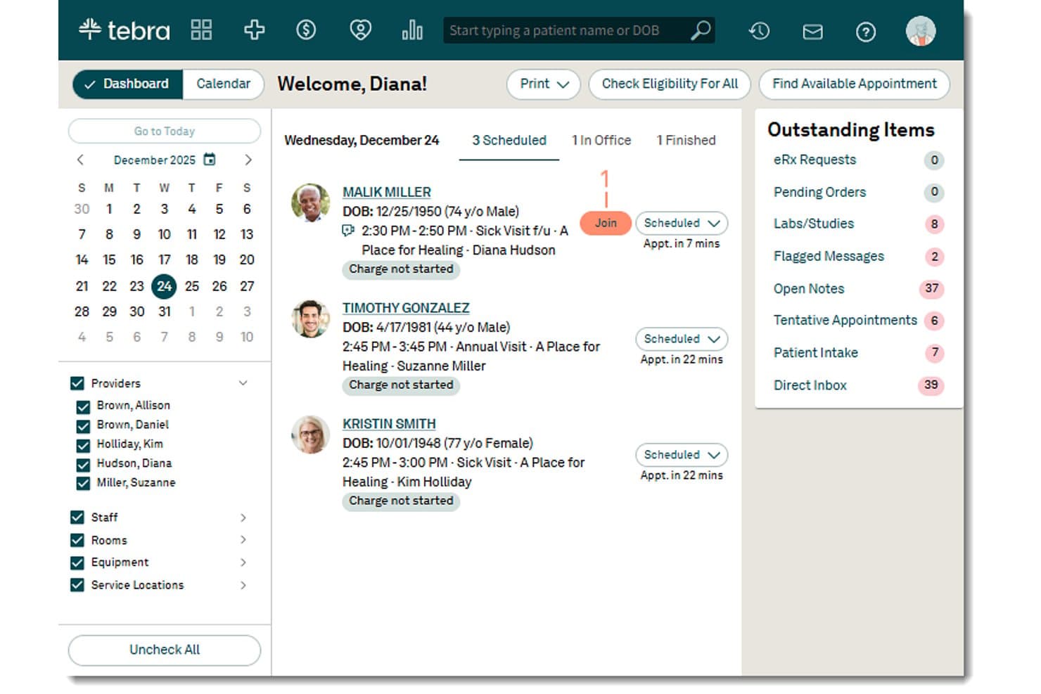 Tebra-Dashboard mit geplanten telemedizinischen Terminen und einer Schaltfläche „Beitreten“ für virtuelle Besuche.