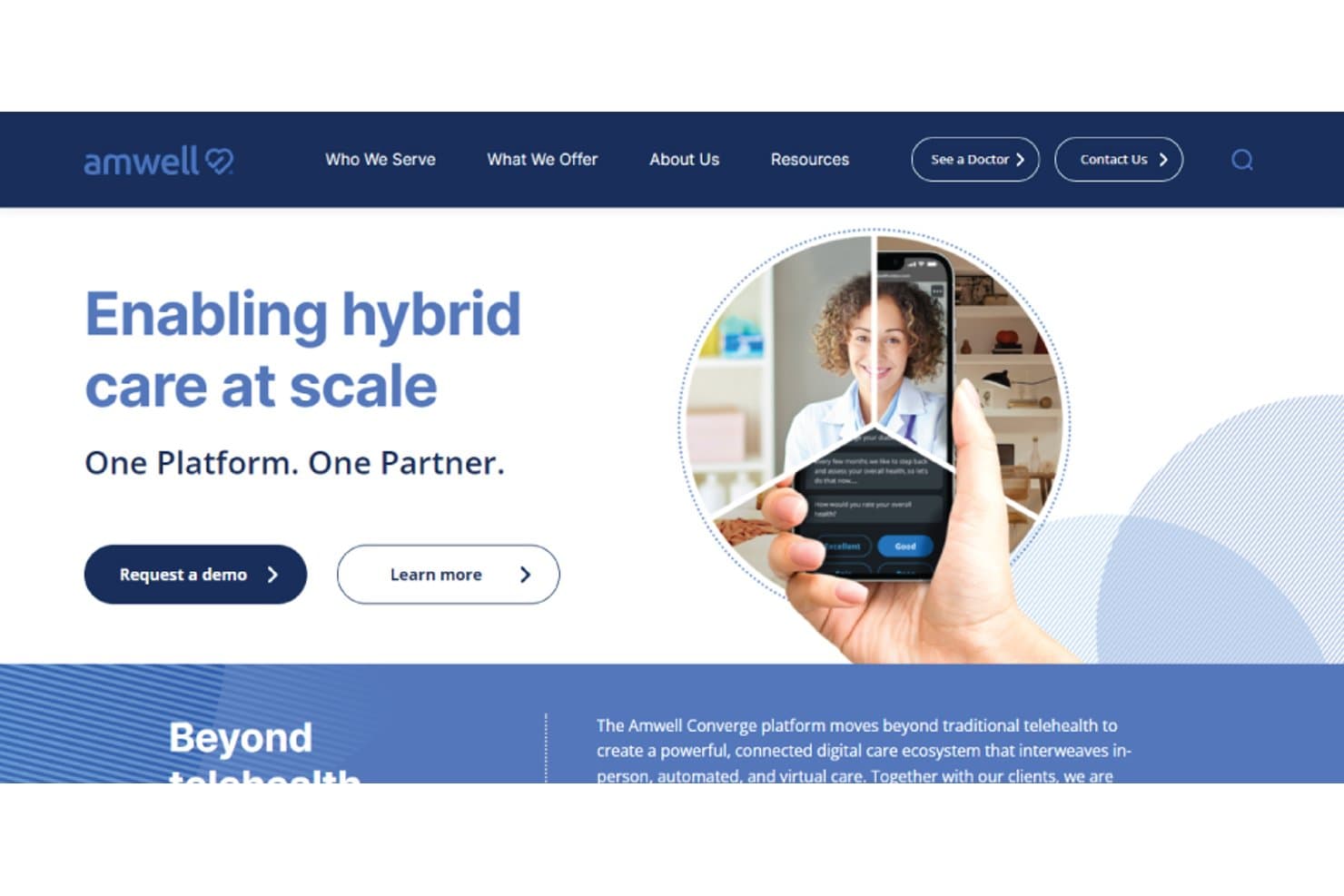 Amwells startsida som visar en hybridvårdsplattform med ett gränssnitt för videokonsultation inom distansvård via mobil.
