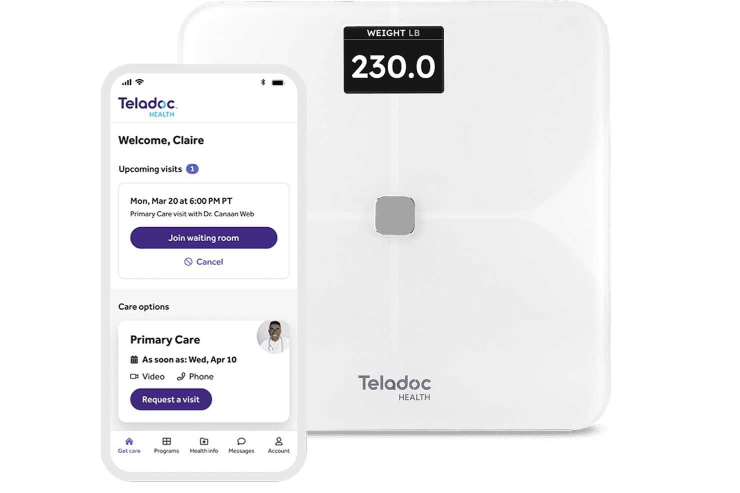 Teladoc-Health-App mit Anzeige eines bevorstehenden Besuchs und intelligenter Waage mit Anzeige von 230.0 lbs.