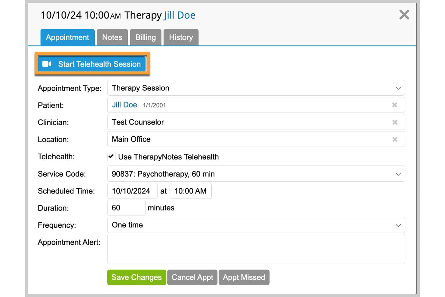 TherapyNotes-Termindialog mit der Schaltfläche „Telemedizinsitzung starten“ und Details zur Therapiesitzung.