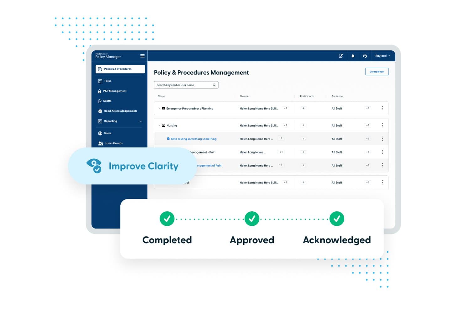 HealthStream Policy Manager-dashboard met een lijst van beleidsregels, inclusief eigenaars, deelnemers, doelgroep en indicatoren voor de workflowstatus.