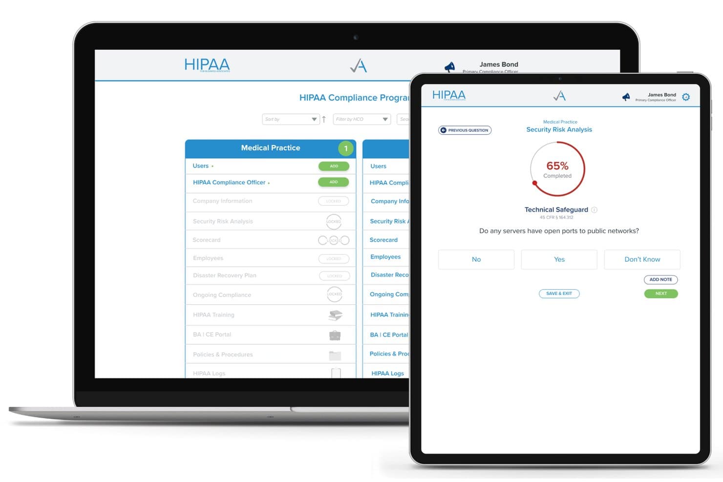 Abydes HIPAA-efterlevnadsinstrumentpanel på en bärbar dator och surfplatta visar att säkerhetsriskanalysen är 65 % slutförd.