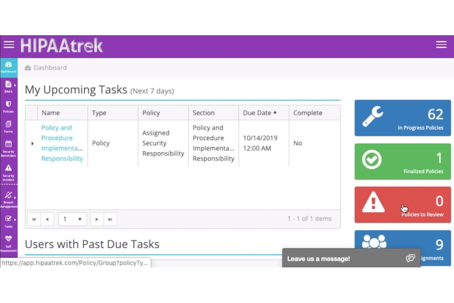 HIPAAtrek-dashboard met aankomende taken, beleidsregels in uitvoering en aantallen afgeronde beleidsregels.