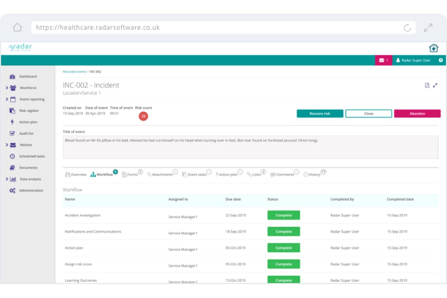 Écran de rapport d'incident de Radar Healthcare affichant les tâches du flux de travail avec des badges de statut terminé.