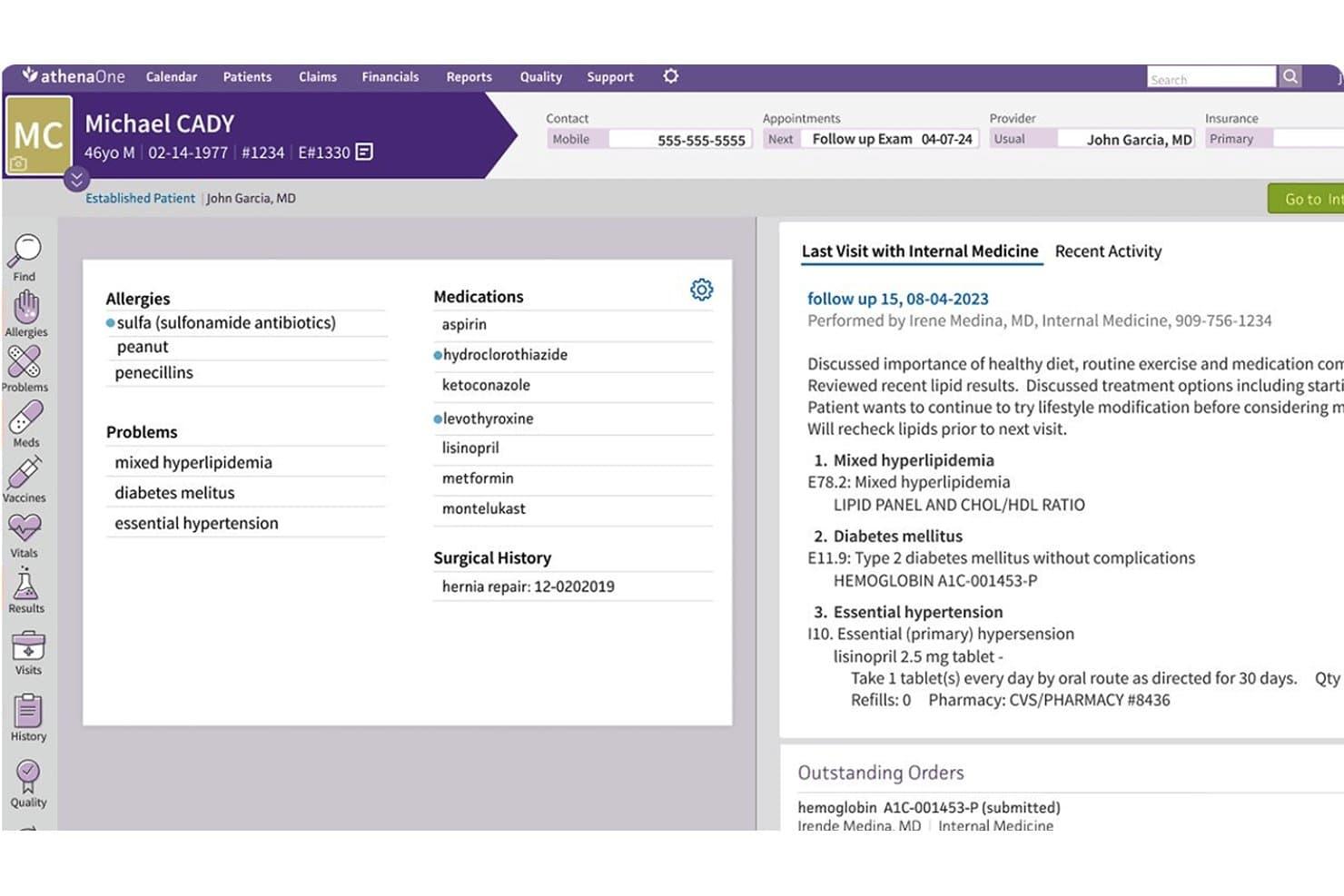 Athenahealth-EHR-Patientenakte mit Anzeige von Medikamenten, Allergien, Problemen und Notizen zum letzten Besuch.