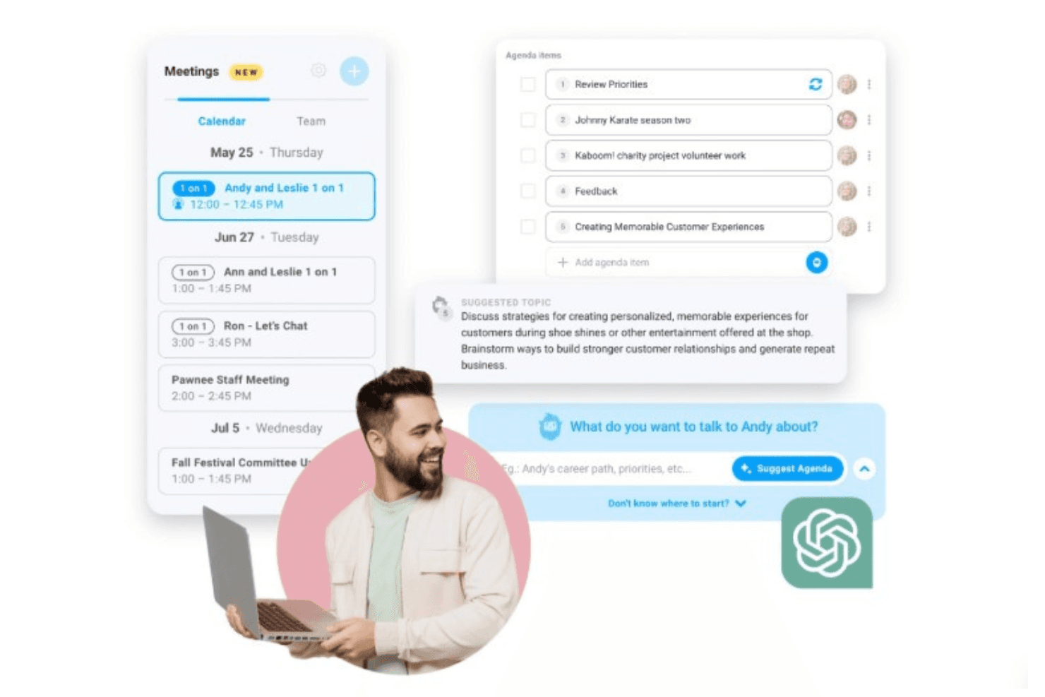 Motivosity meetings interface showing calendar, agenda items, and AI-powered topic suggestions