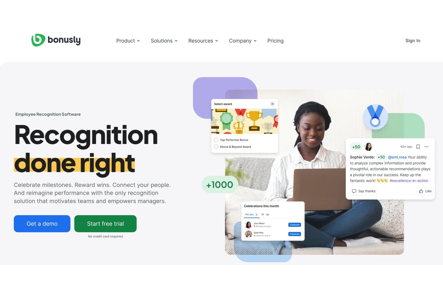 Bonusly homepage showing employee recognition software with award selection and peer recognition feed