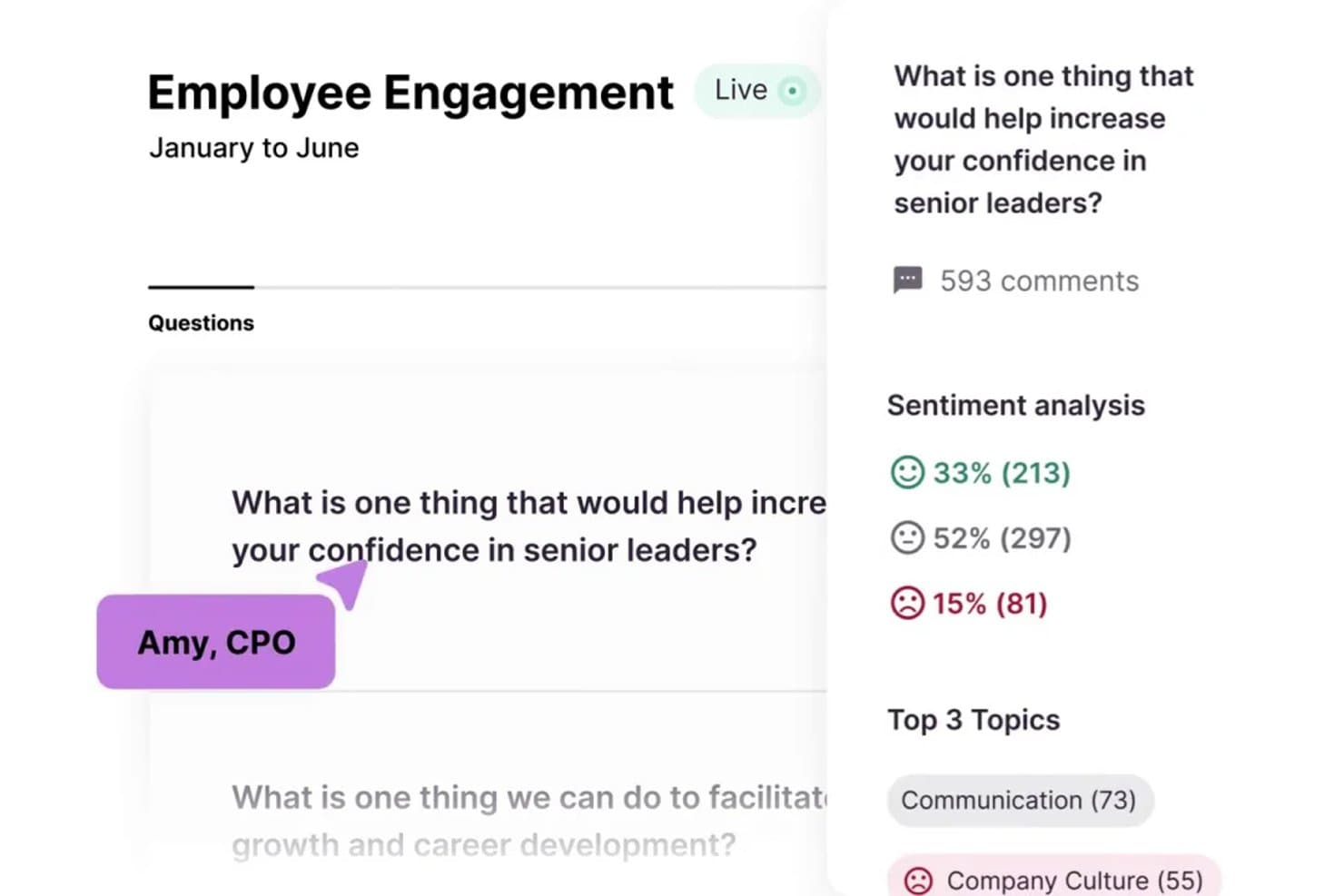 Culture Amp employee engagement survey dashboard showing sentiment analysis and top topics from 593 comments.