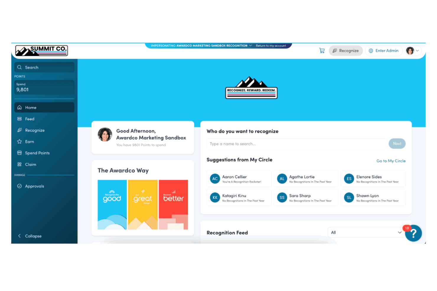 Awardco home dashboard