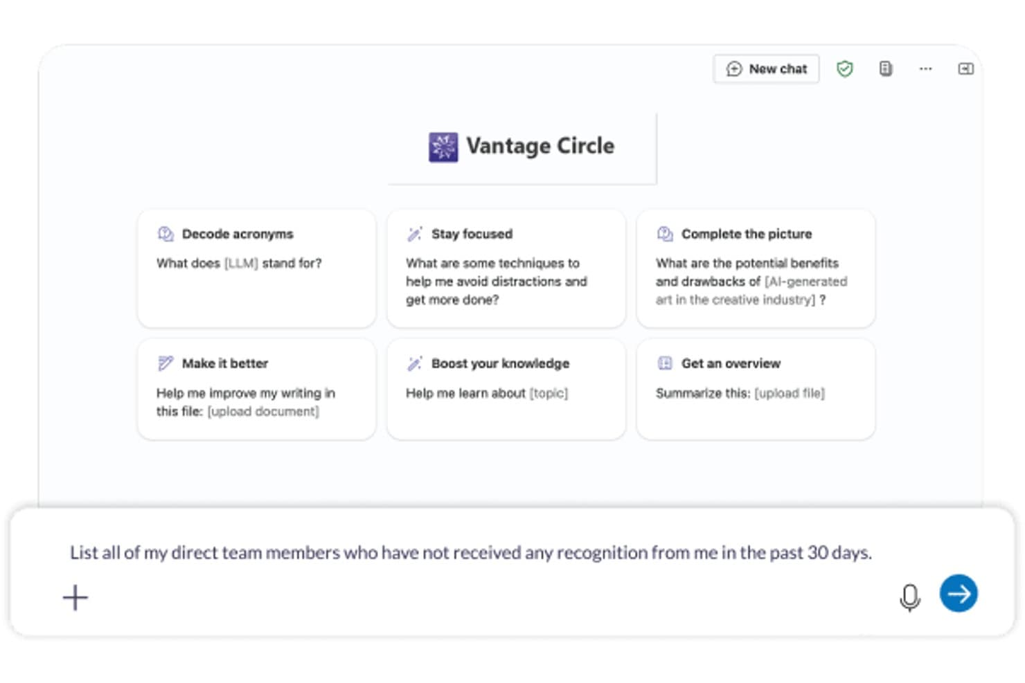 Vantage Circle AI chat interface with prompt suggestions and a recognition query input field.