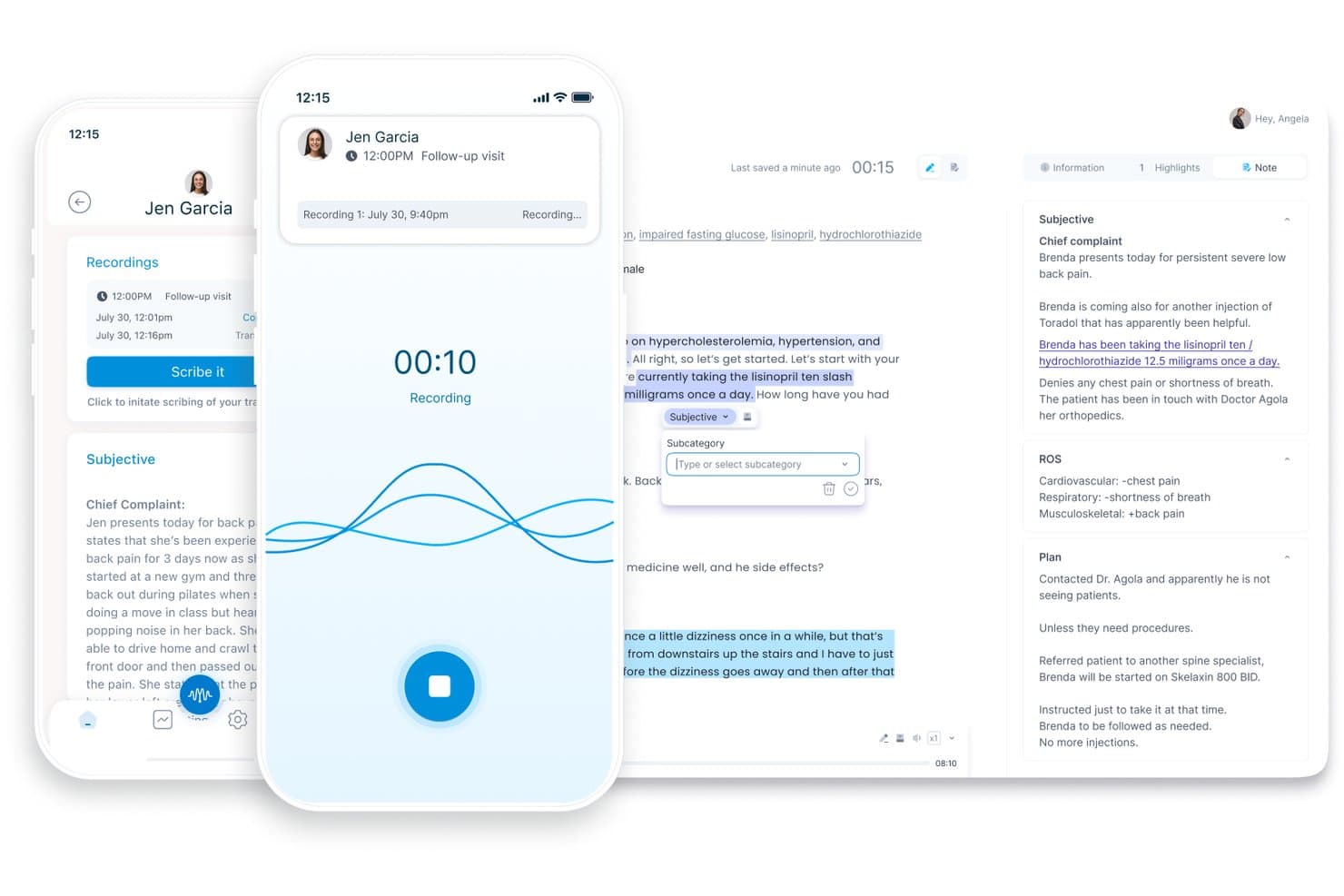 DeepScribe-app met een scherm voor spraakopname en een automatisch gegenereerde klinische SOAP-notitie