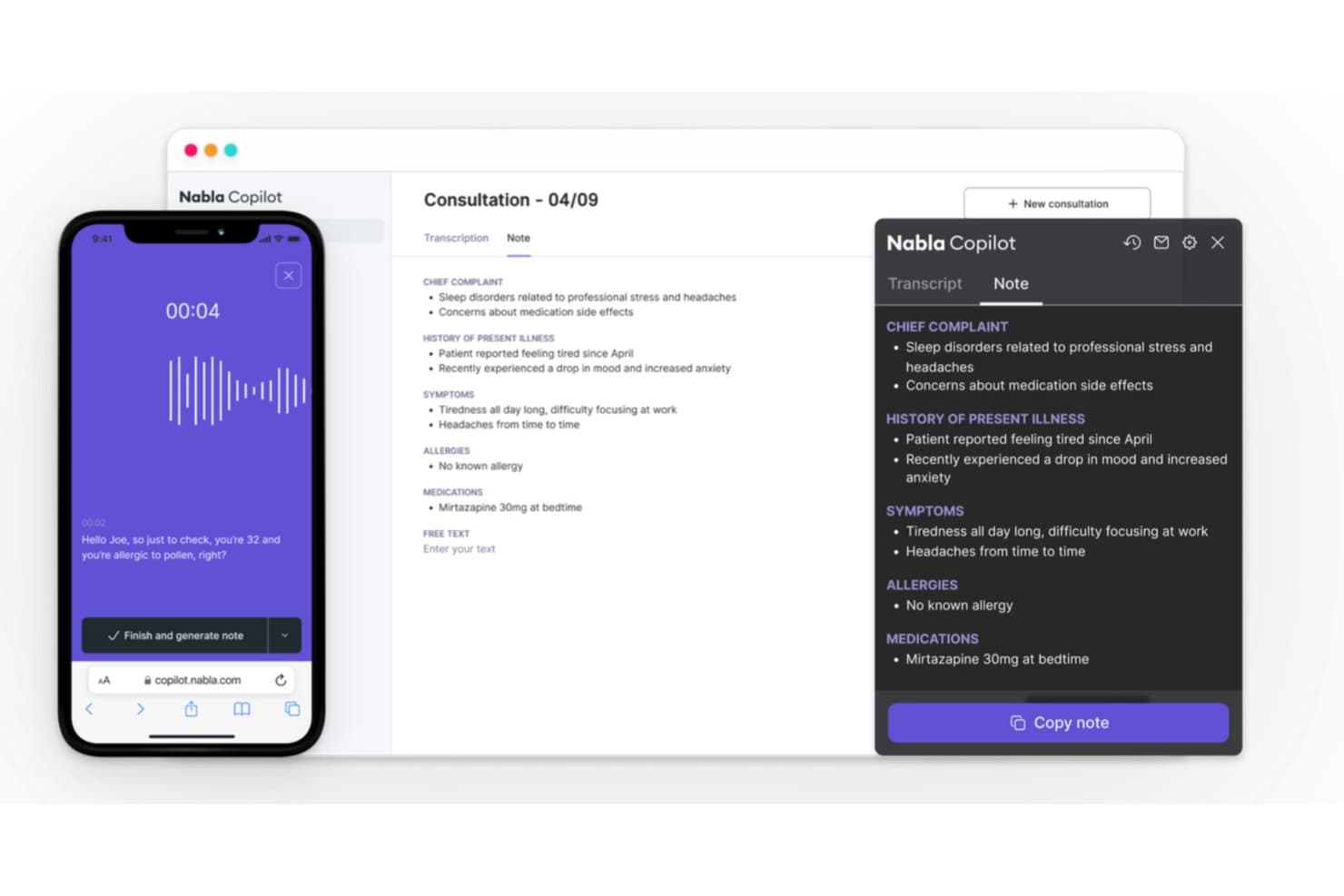 Nabla Copilot-interface met spraakopname en automatisch gegenereerde notitie van een klinisch consult.