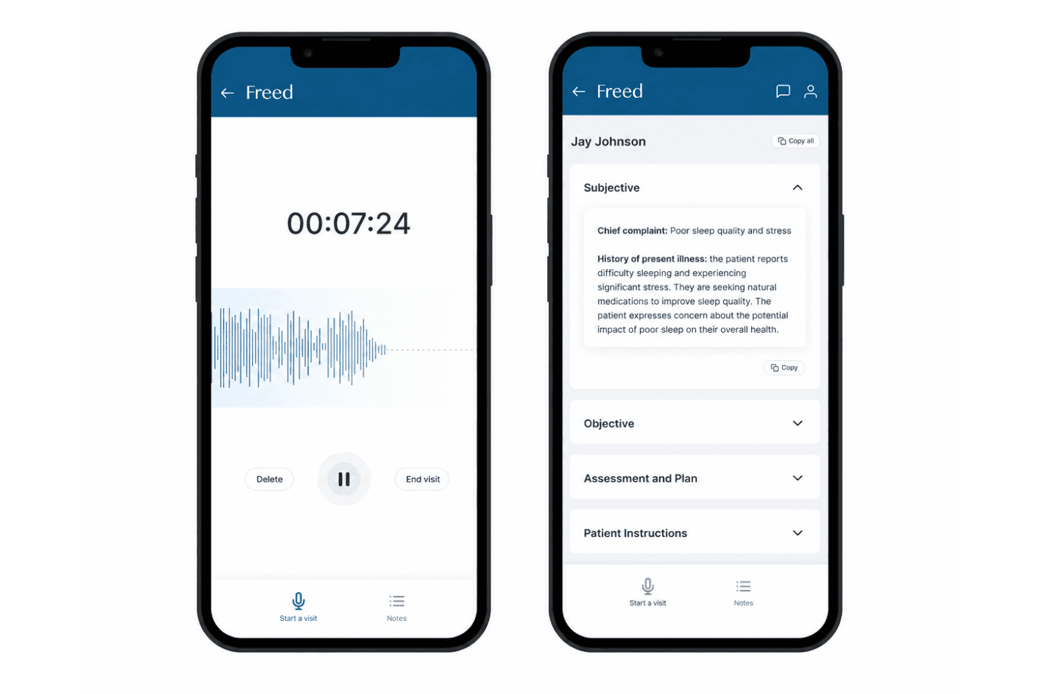 Freed AI legt patiëntgesprekken vast en maakt SOAP-notities en coderingsrichtlijnen.