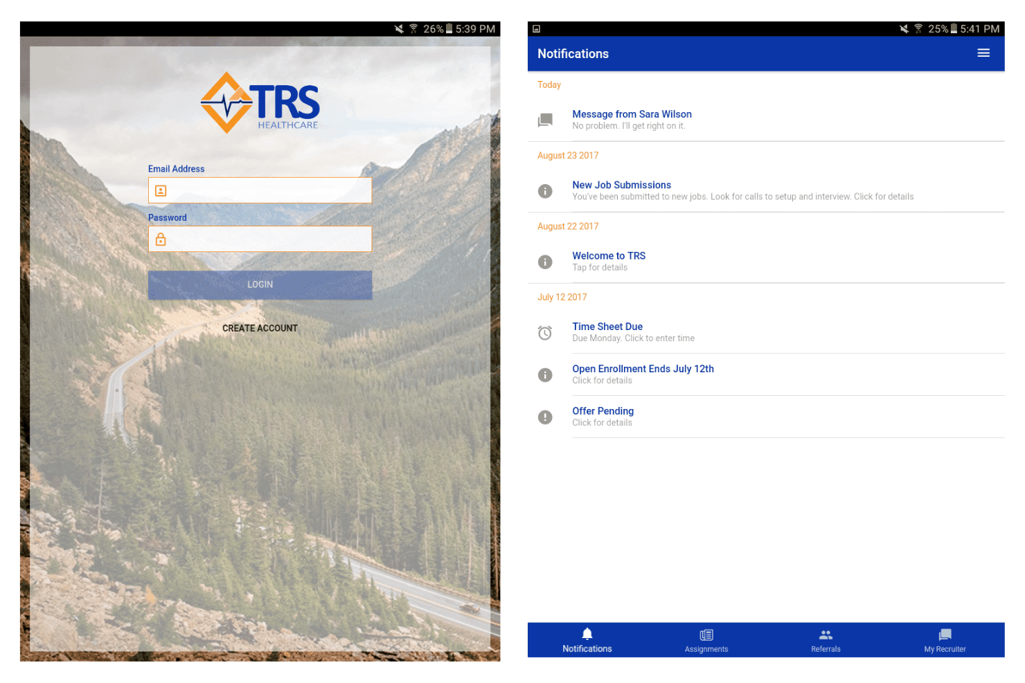 Écran de connexion et tableau de bord des notifications de l’application mobile TRS Healthcare avec mises à jour des offres d’emploi.