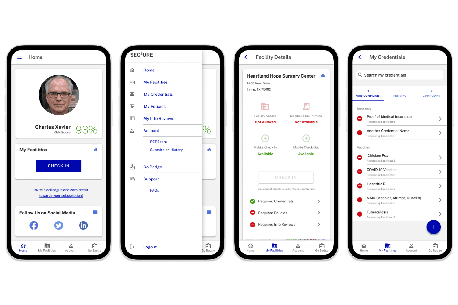 Quatre écrans d’application mobile présentant le profil utilisateur, le menu de navigation, les détails de l’établissement et la liste des accréditations.