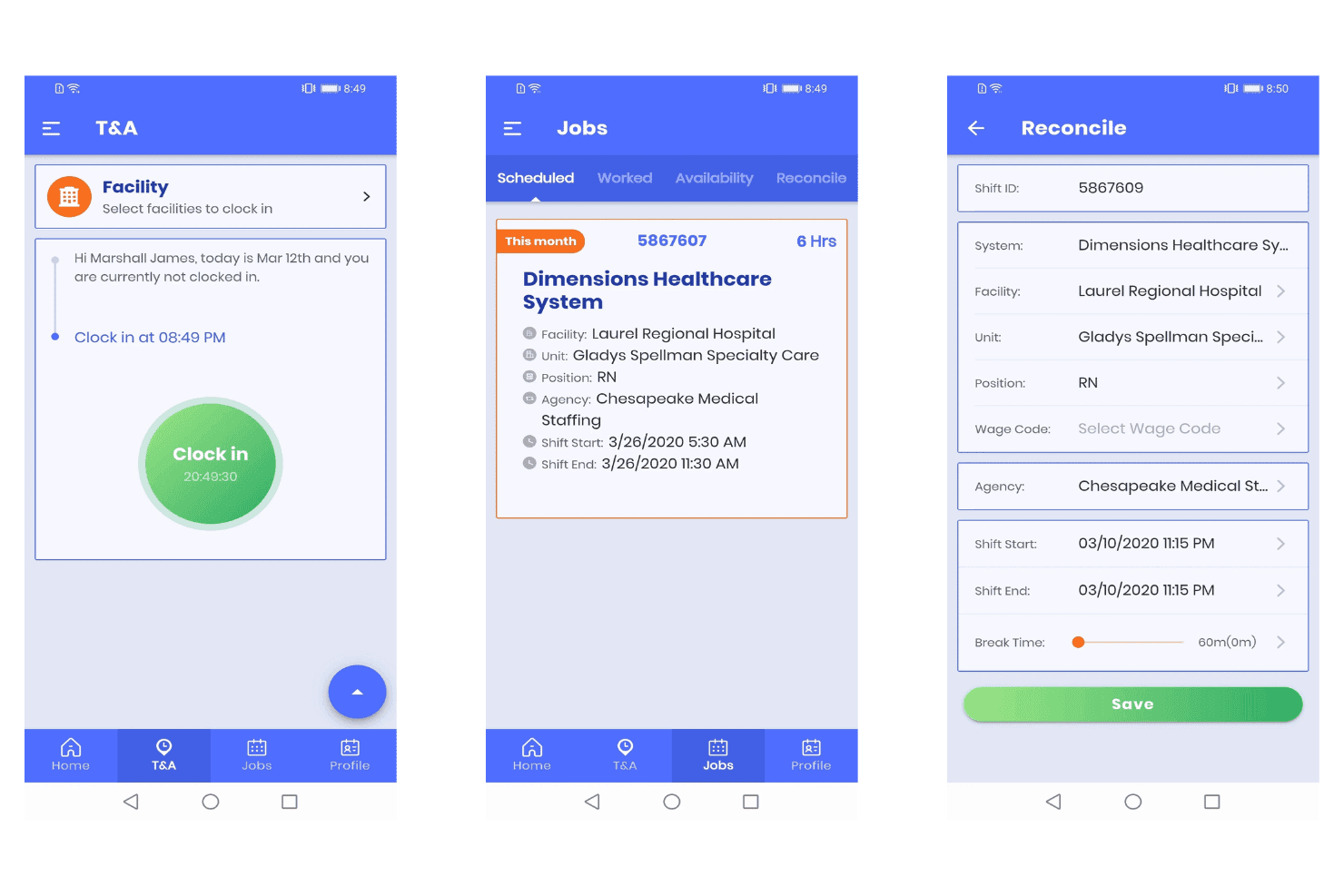 Trois écrans d’application mobile montrant le pointage d’arrivée, les listes de missions et le rapprochement des gardes.