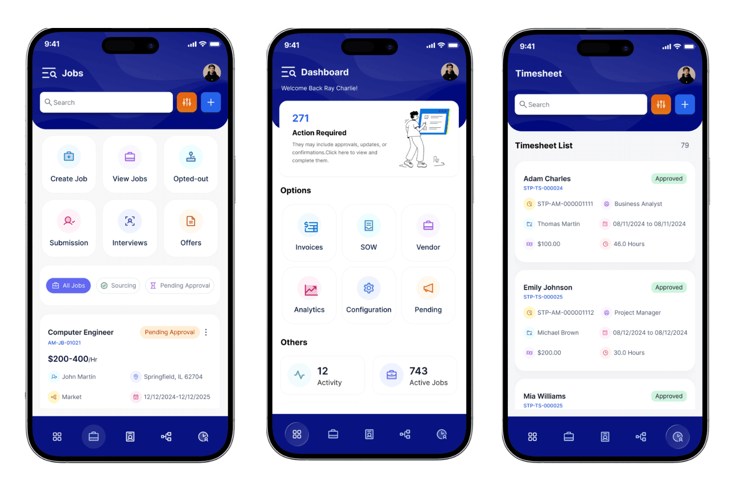 Trois écrans mobiles présentant les interfaces Postes, Tableau de bord et Feuille de temps.