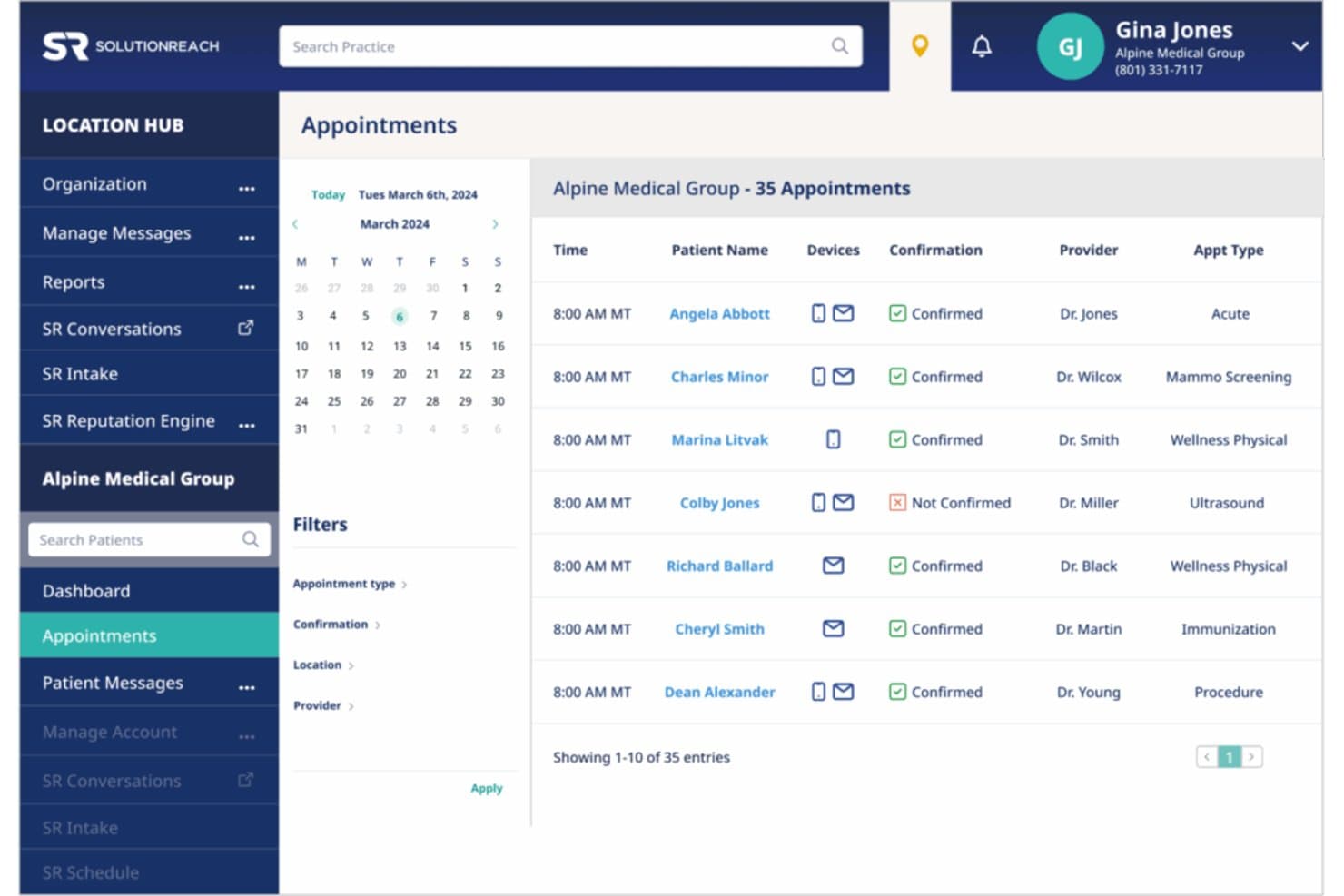 Overzicht van SolutionReach voor afspraken met 35 geplande patiënten en hun bevestigingsstatus.