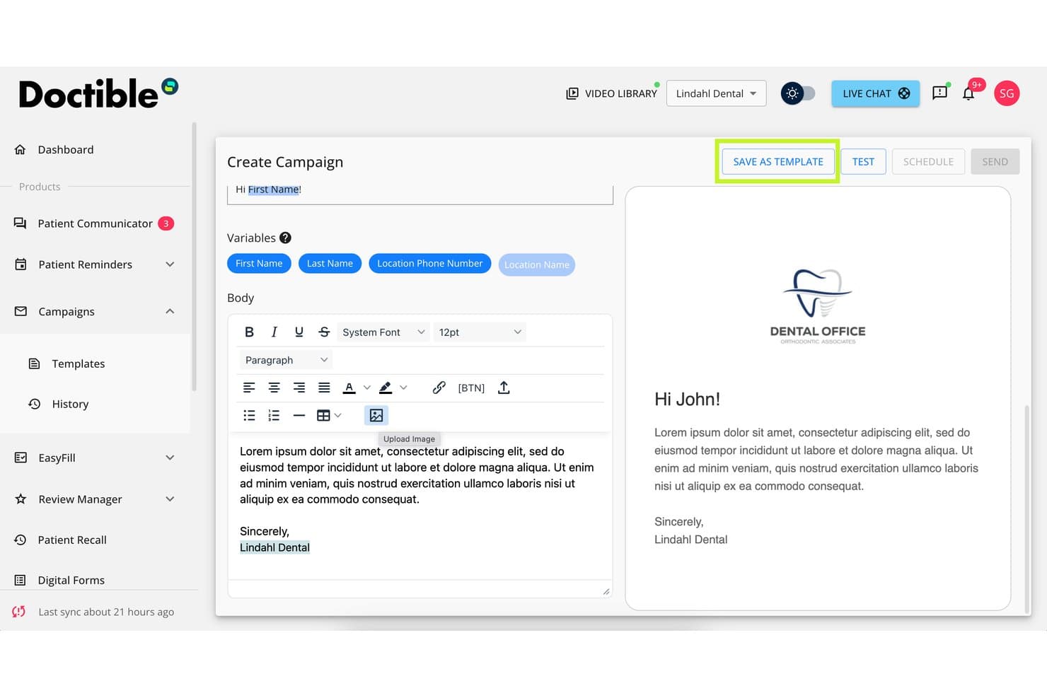 Campagne-editor van Doctible met hoofdtekst, variabelen en voorbeeldvenster voor e-mail.