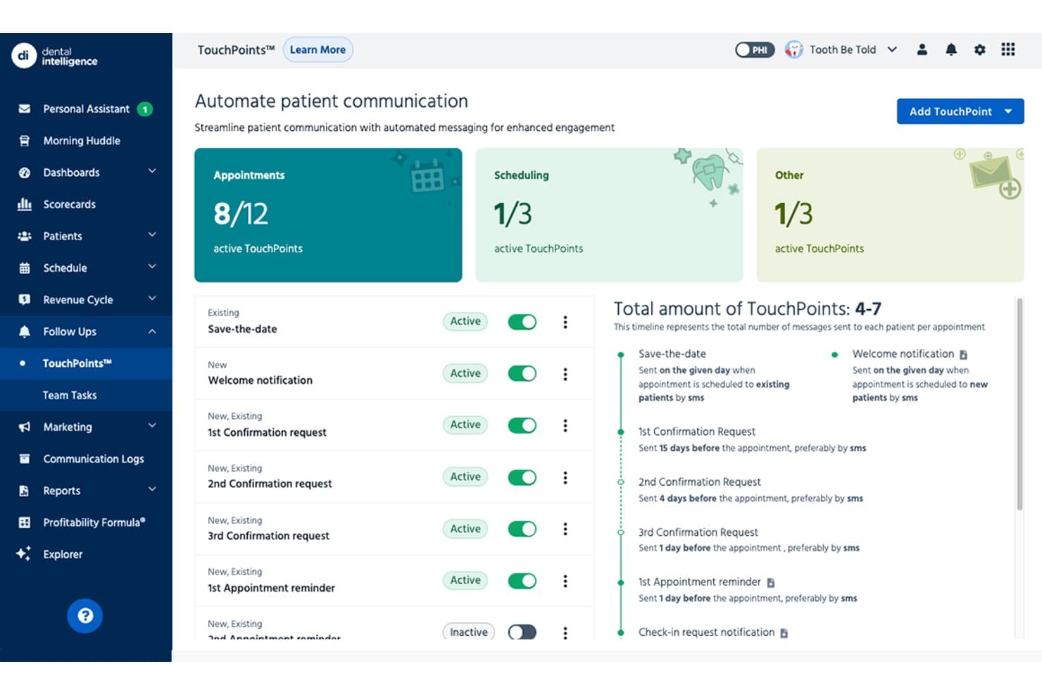 Dashboard van Dental Intelligence TouchPoints met instellingen en tijdlijn voor geautomatiseerde patiëntcommunicatie.