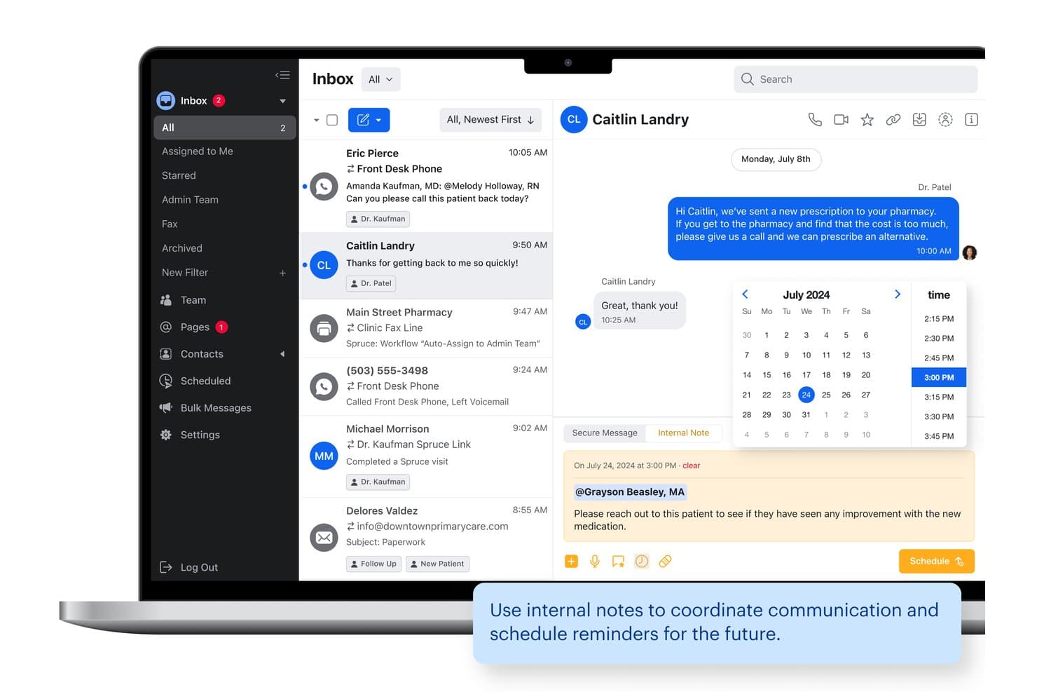 Inboxinterface van Spruce Health met een interne notitie en een geplande herinnering in de agenda.