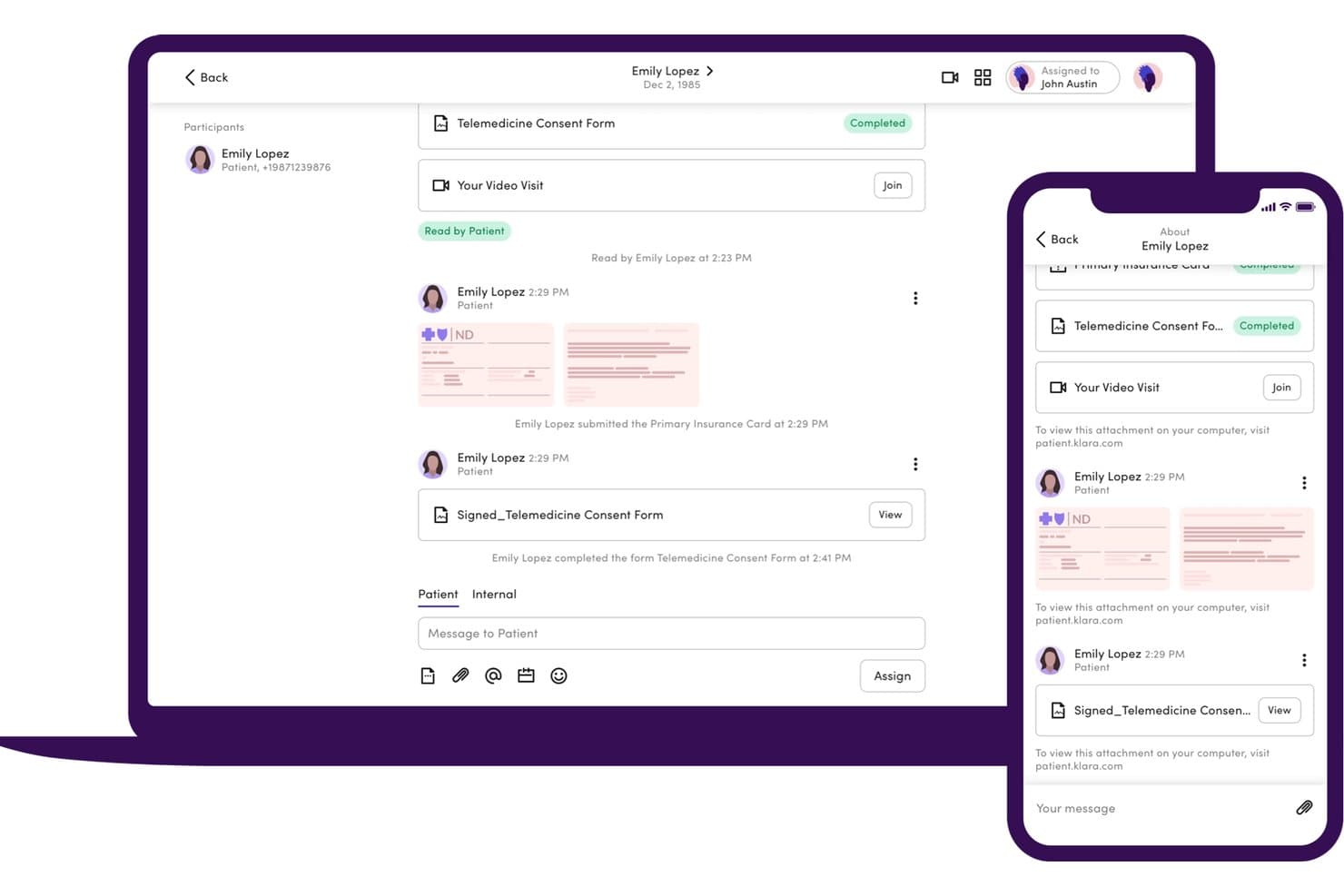 Desktop- en mobiele chatinterface van Klara met patiëntberichten, toestemmingsformulieren en opties voor videoconsulten.