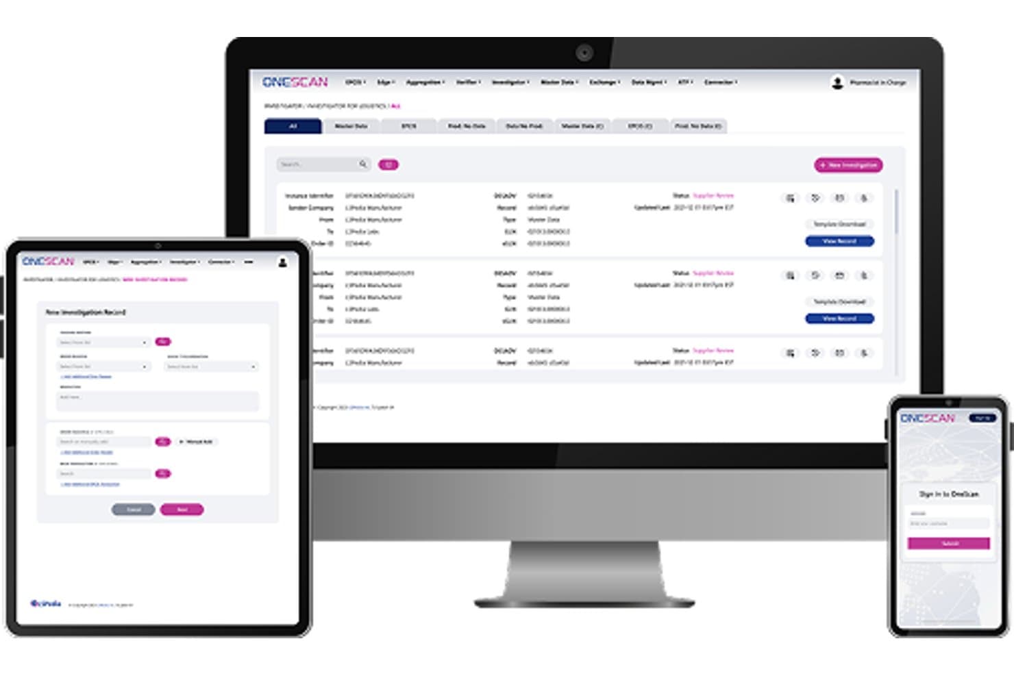 Die LSPedia-OneScan-Software zur DSCSA-Konformität wird auf Desktop-, Tablet- und Mobilbildschirmen dargestellt.