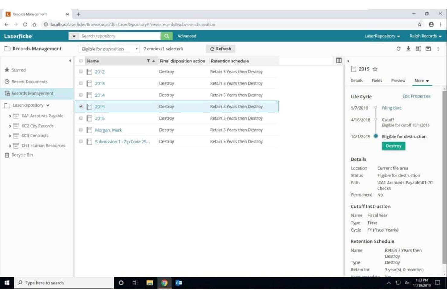 Interface voor recordbeheer van Laserfiche met acties voor afvoer en bewaarschema's.