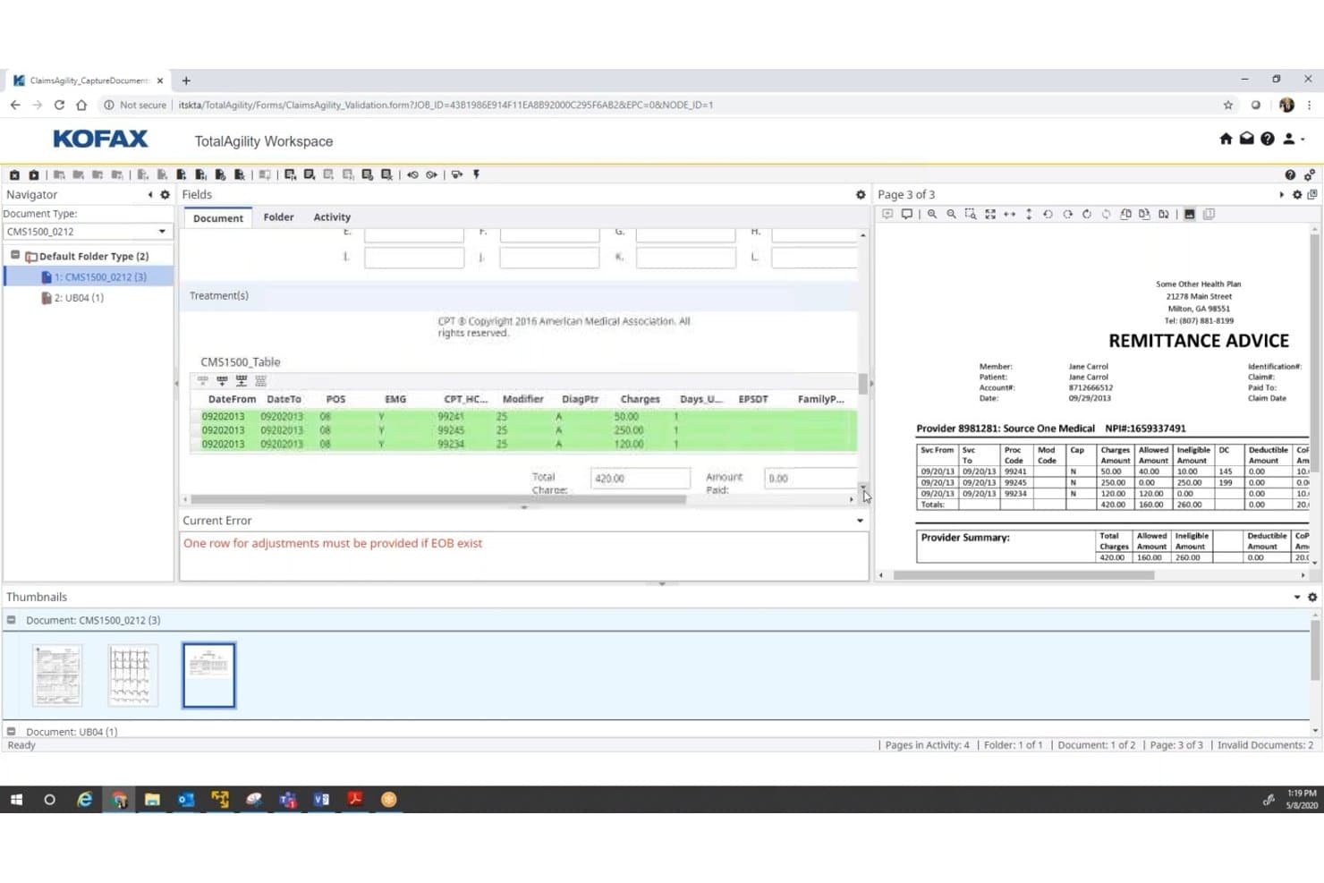 Tungsten Automation CMS1500-claimformulier met foutmelding en paneel voor betalingsadvies.