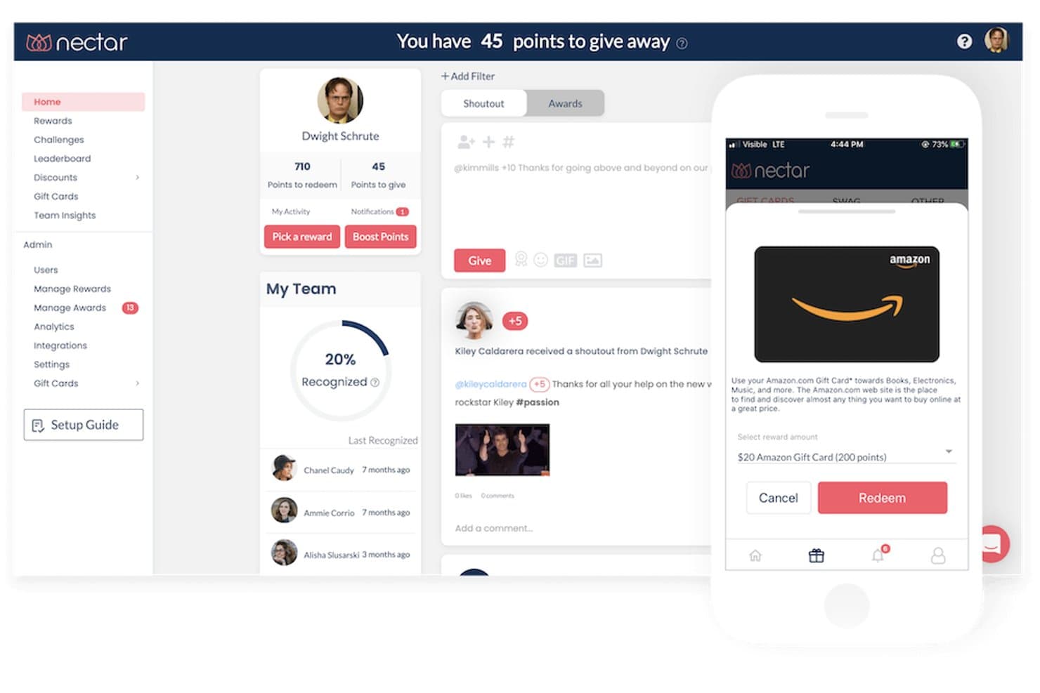 Instrumentpanel för Nectar HR-plattformen som visar medarbetaruppskattning, poäng och inlösen av Amazon-presentkort.