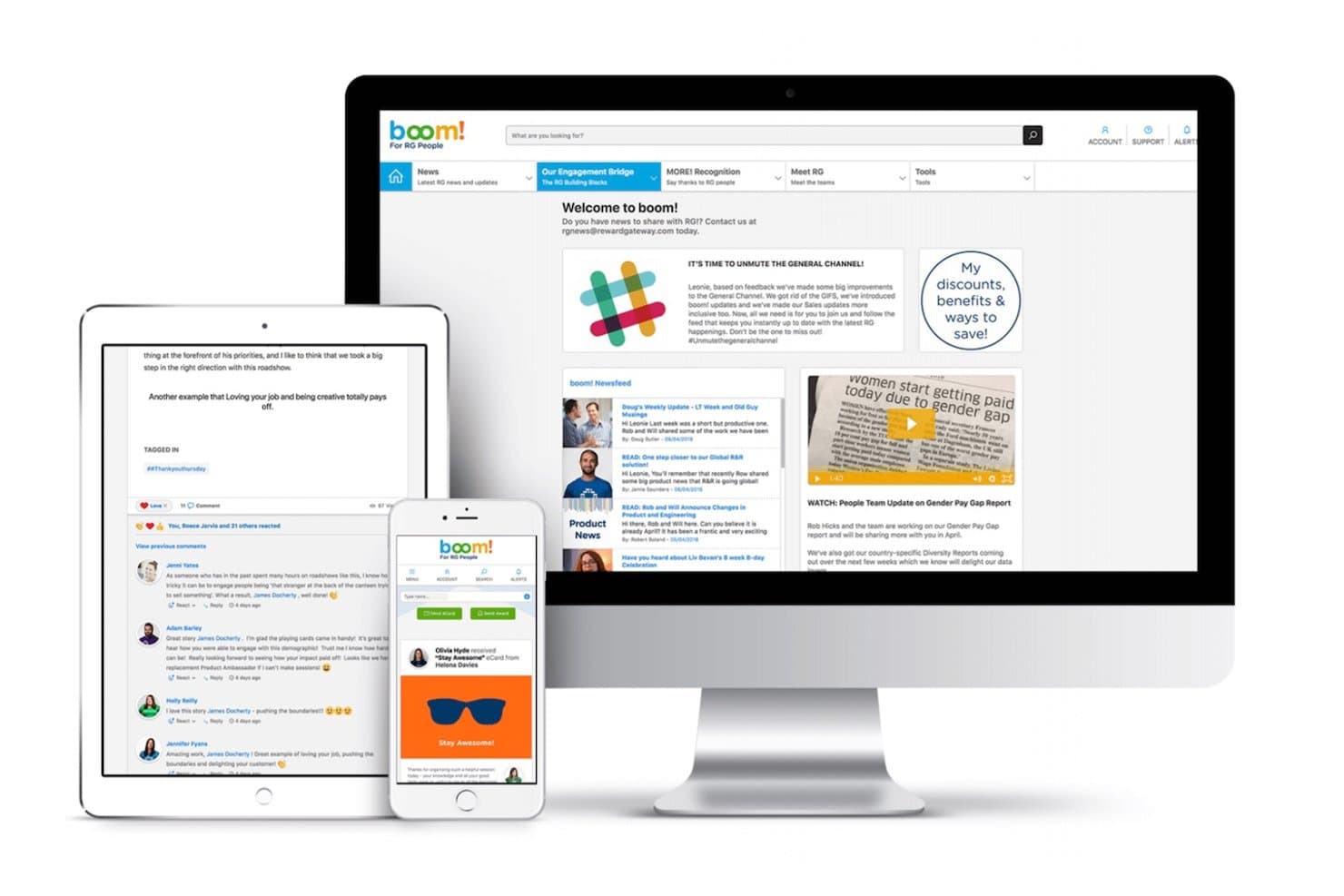 Die Reward-Gateway-Boom!-Plattform wird auf Desktop-, Tablet- und Mobilgeräten dargestellt.