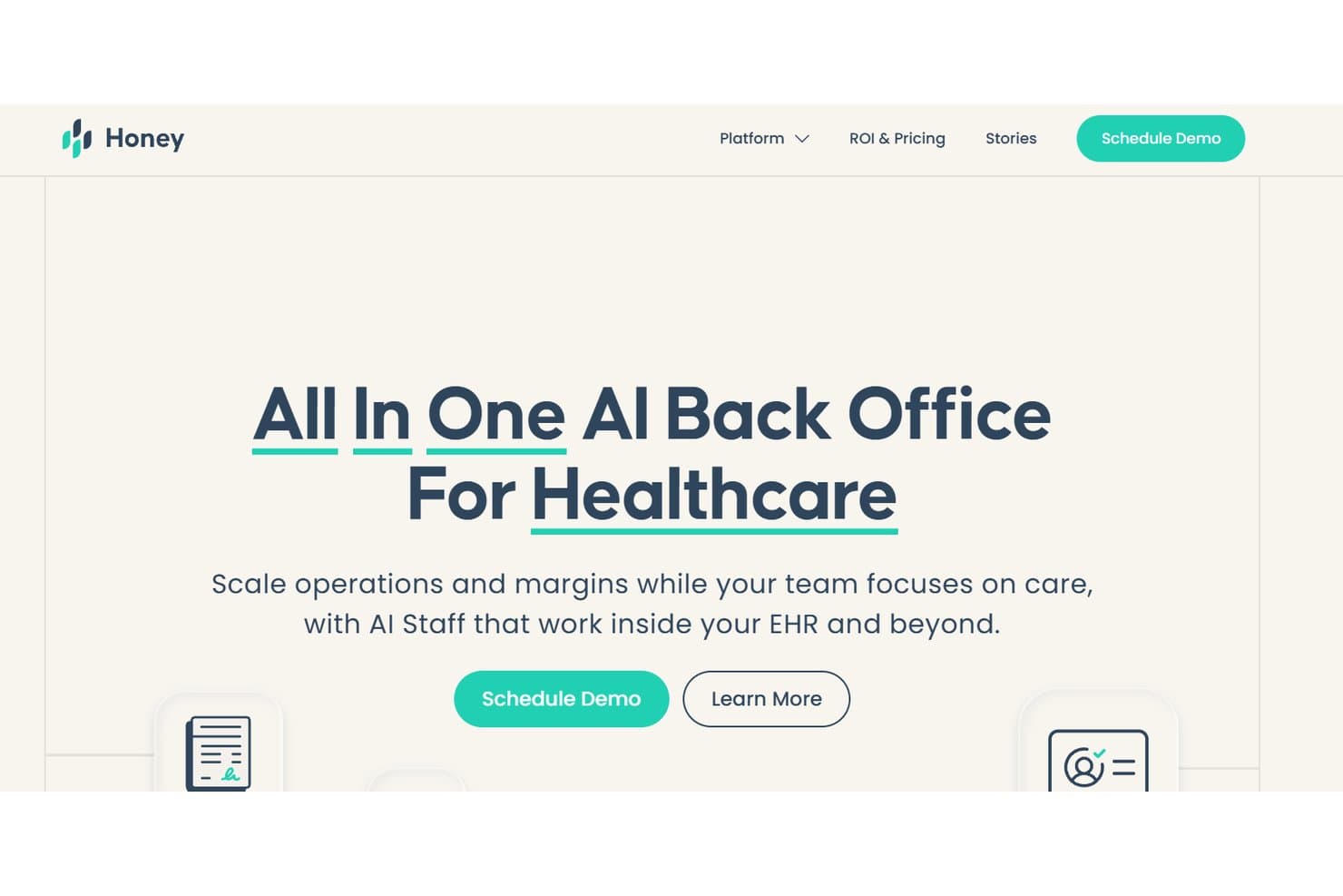 Honey Healths hjemmeside, der viser en AI-platform til administrative funktioner i sundhedssektoren med demoknapper.