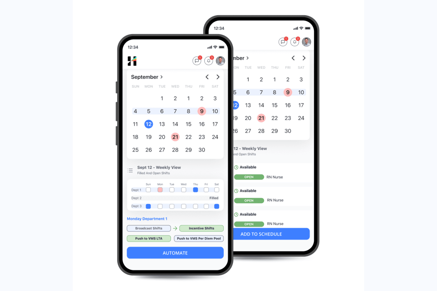 Mobiele app met de septemberkalender en wekelijkse dienstplanning voor verpleegkundige afdelingen.