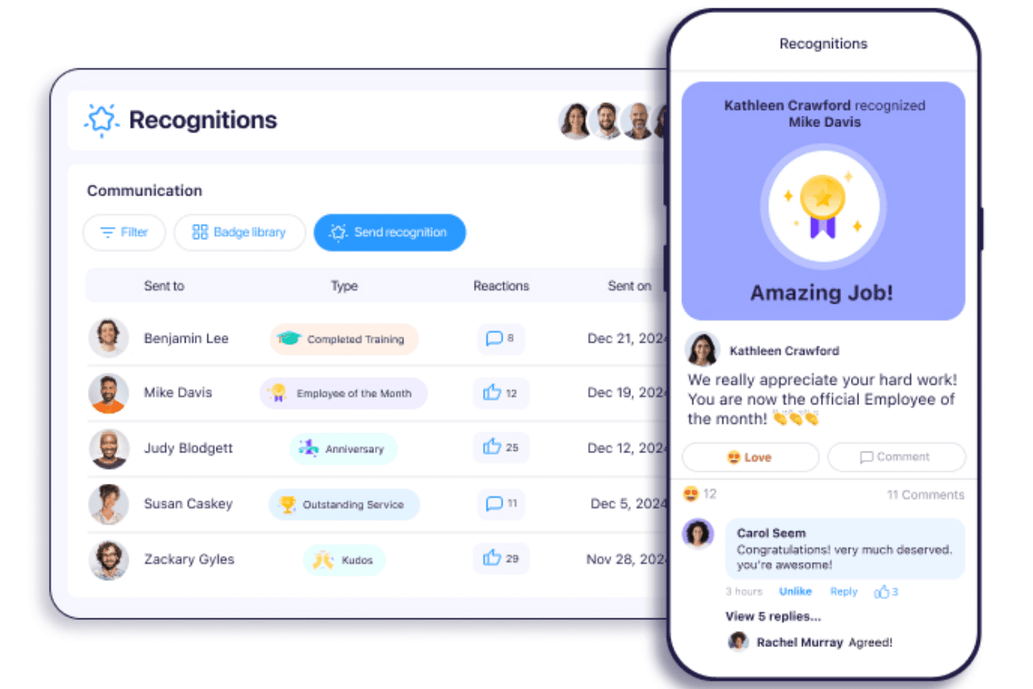 Panel uznania pracowników Connecteam pokazujący nagrody, reakcje, komentarze i osiągnięcia personelu.