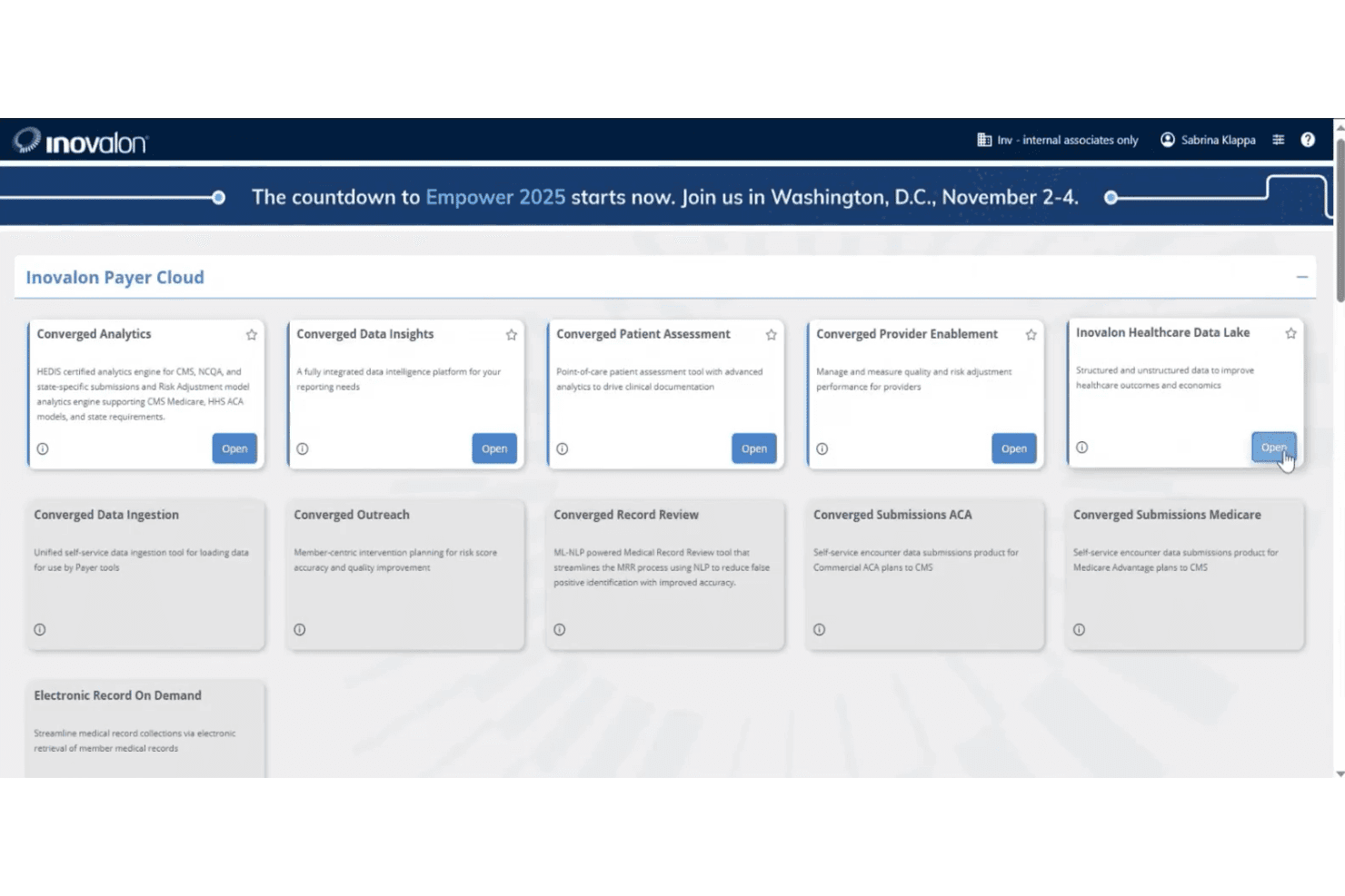 Inovalon dashboard displaying healthcare analytics platform modules
