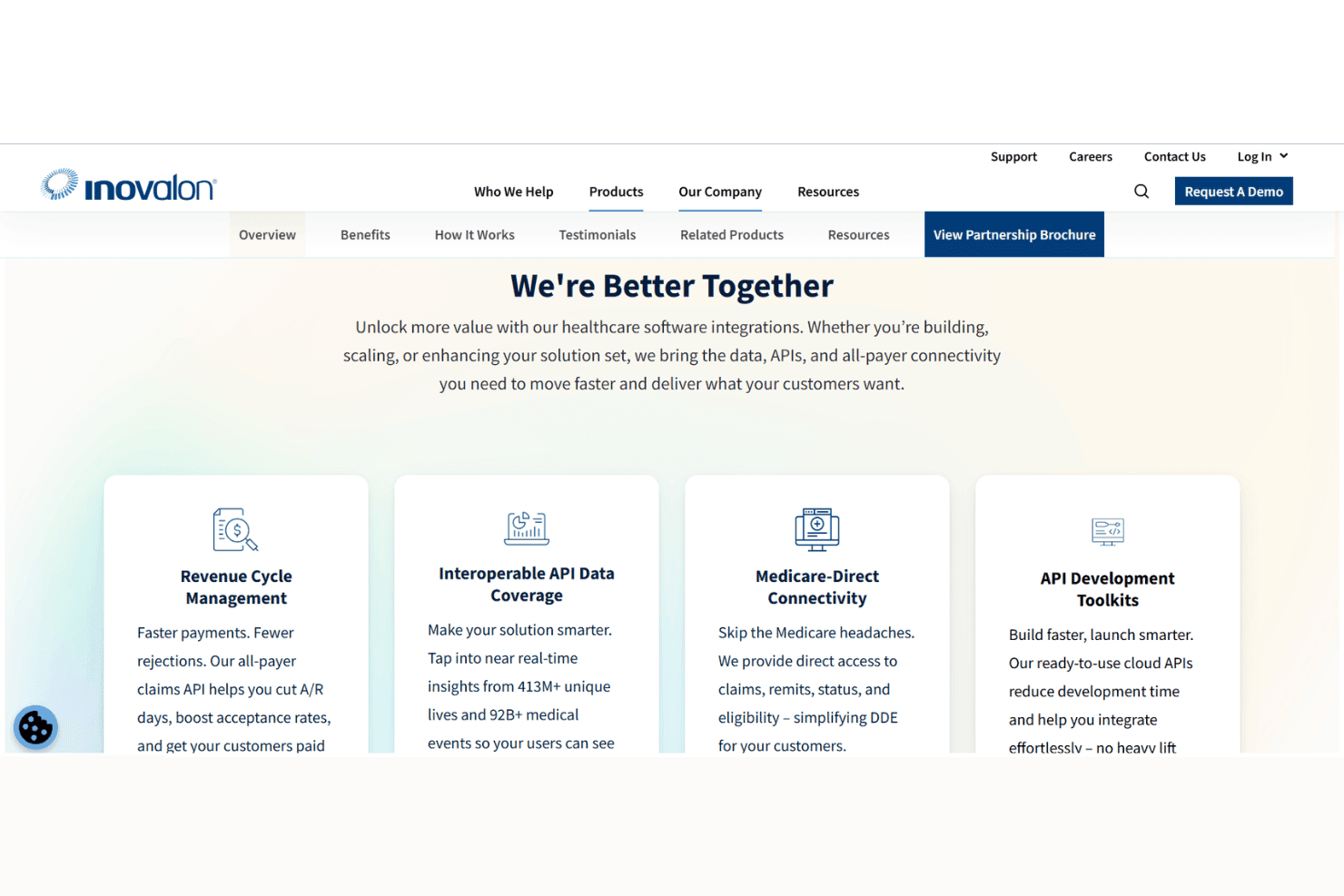 Inovalon webpage showing healthcare integration and API solutions.