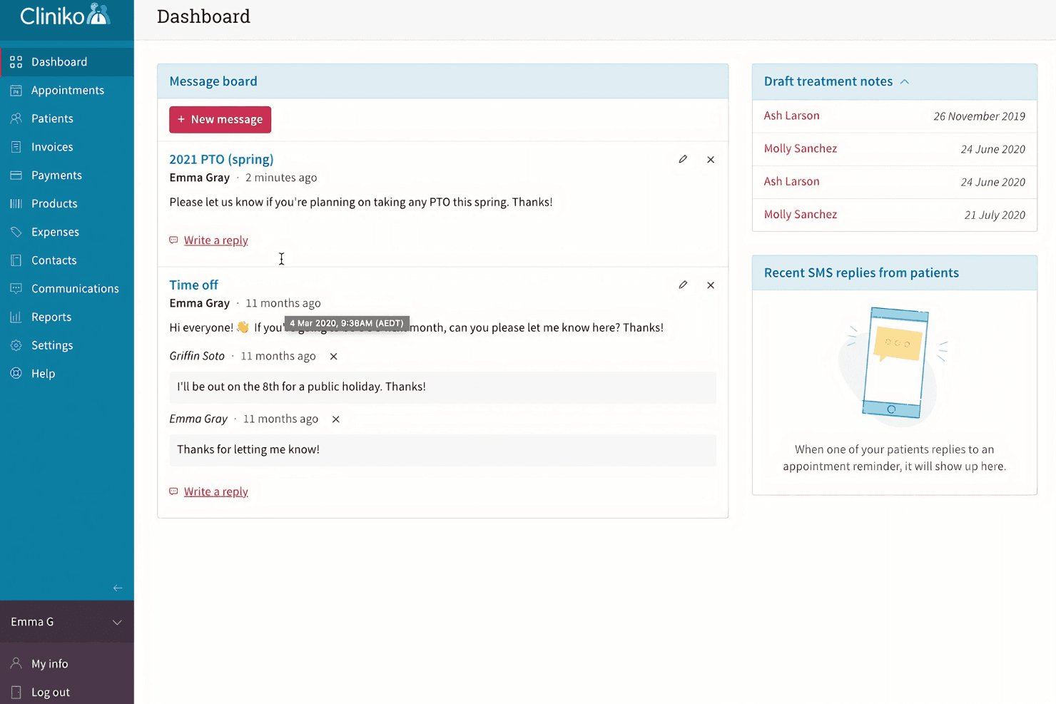 Cliniko's dashboard features a message board for team communication, draft treatment notes, and recent patient SMS replies.